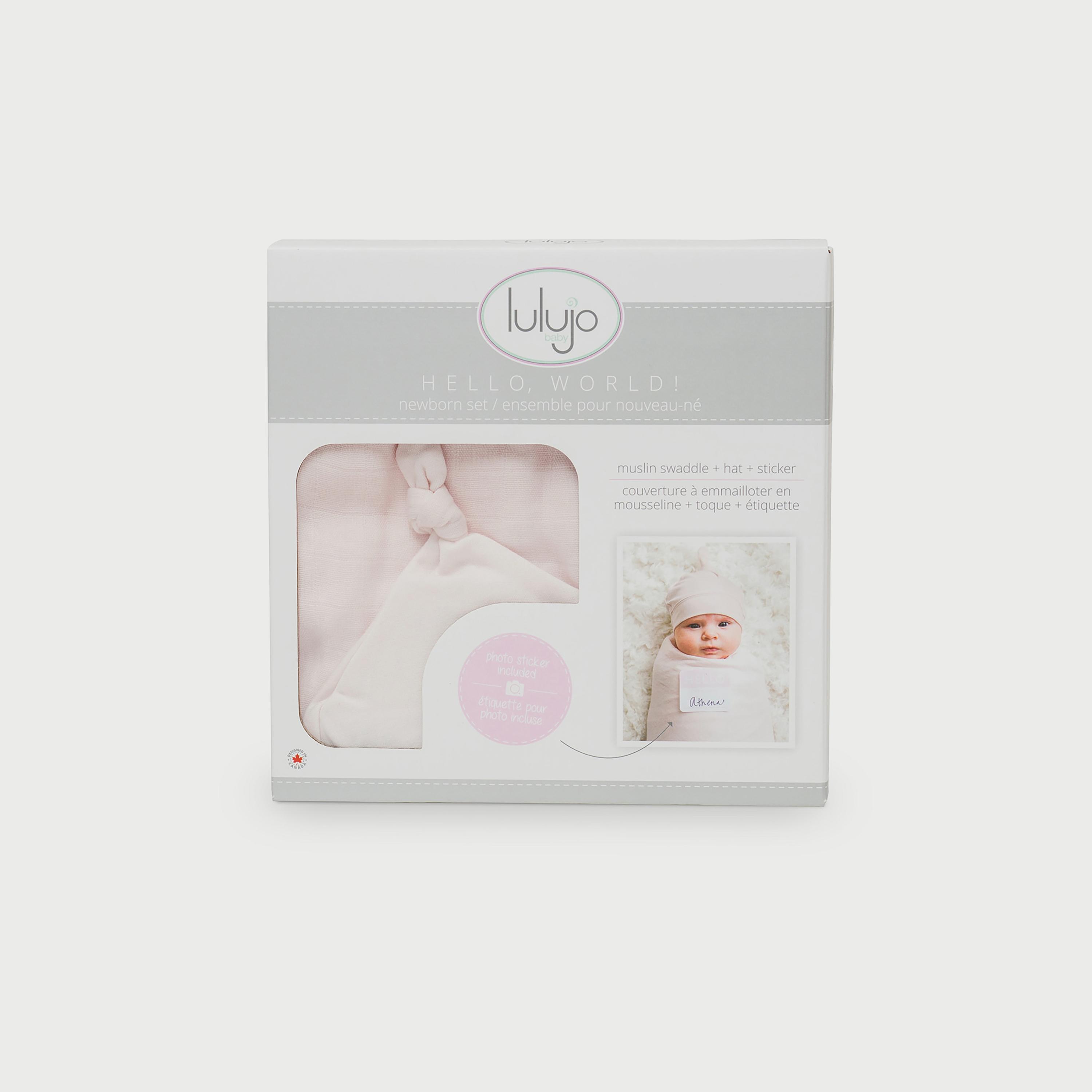 Lulujo Hello World Set, Bamboo Hat + Swaddle blanket, Pink-baby-nursery-blanketsandswaddles-swaddlesandsleepingbags-image-4