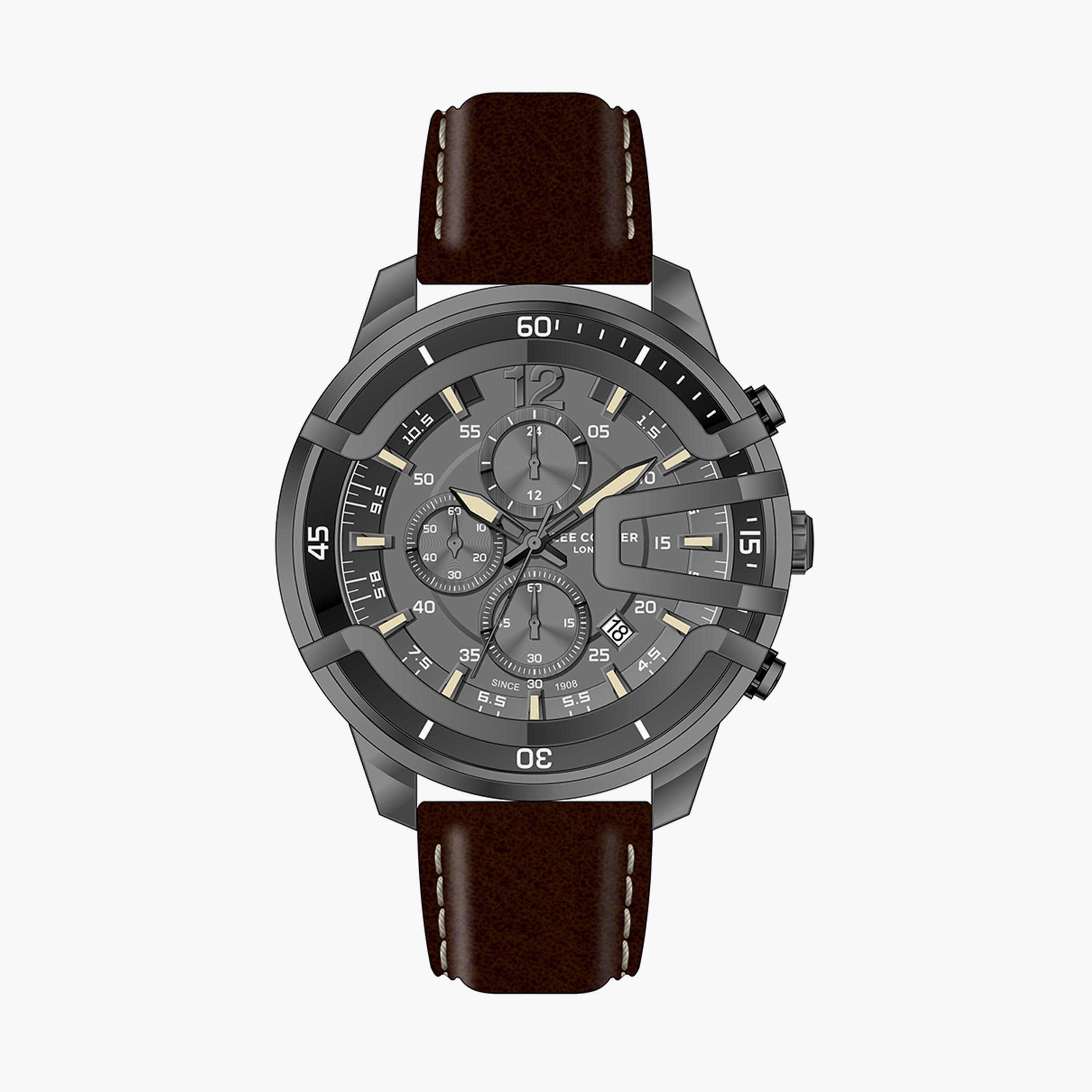  LC07468.062 | ساعة كرونوغراف بسوار جلدي بني داكن للرجال من لي كوبر-men-watchesandjewellery-watches-image-1