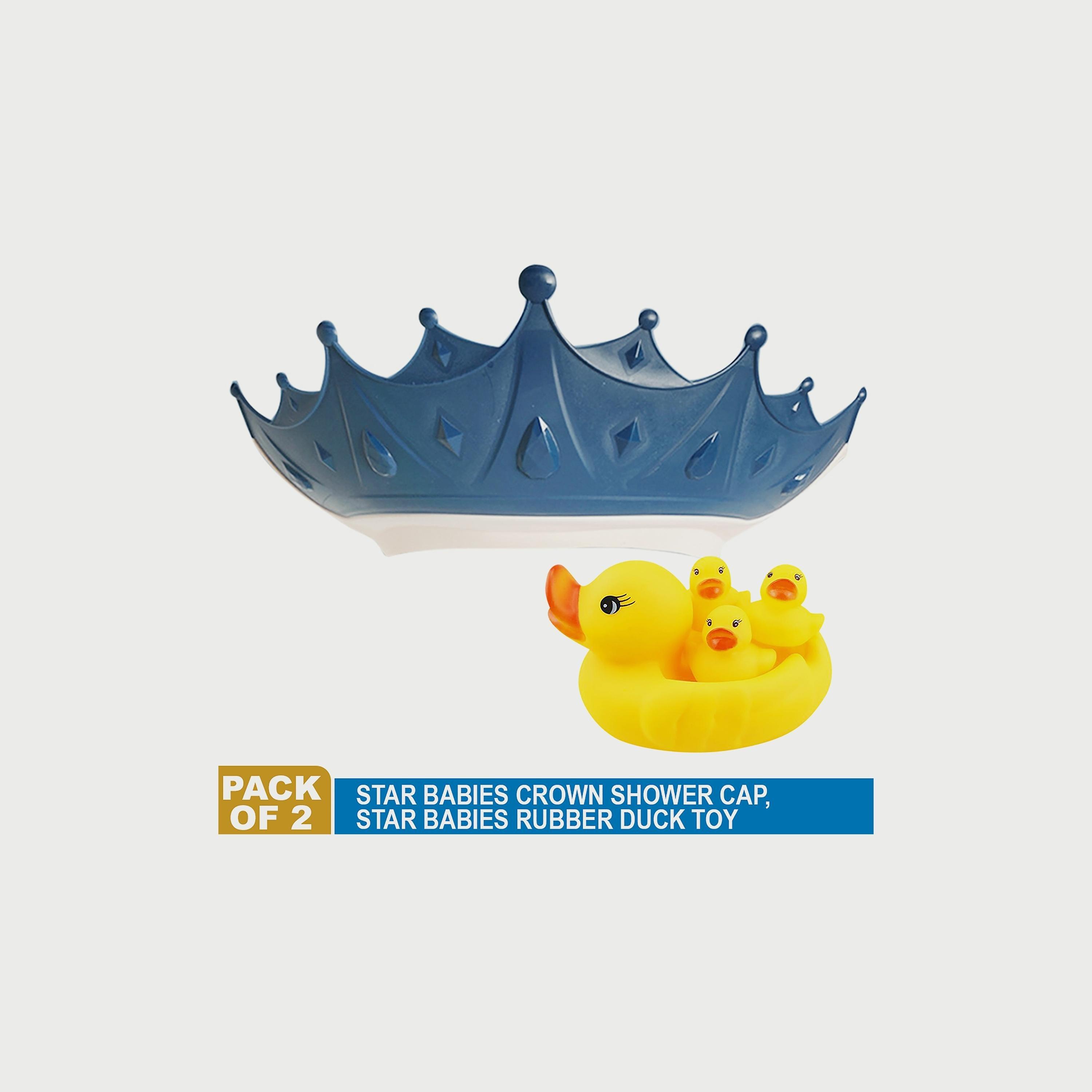 Star Babies Set of 2 Rubber Duck Bath Toy with Kids Crown Shower Cap, Blue/Yellow-baby-bathandcare-bathtubs-image-2