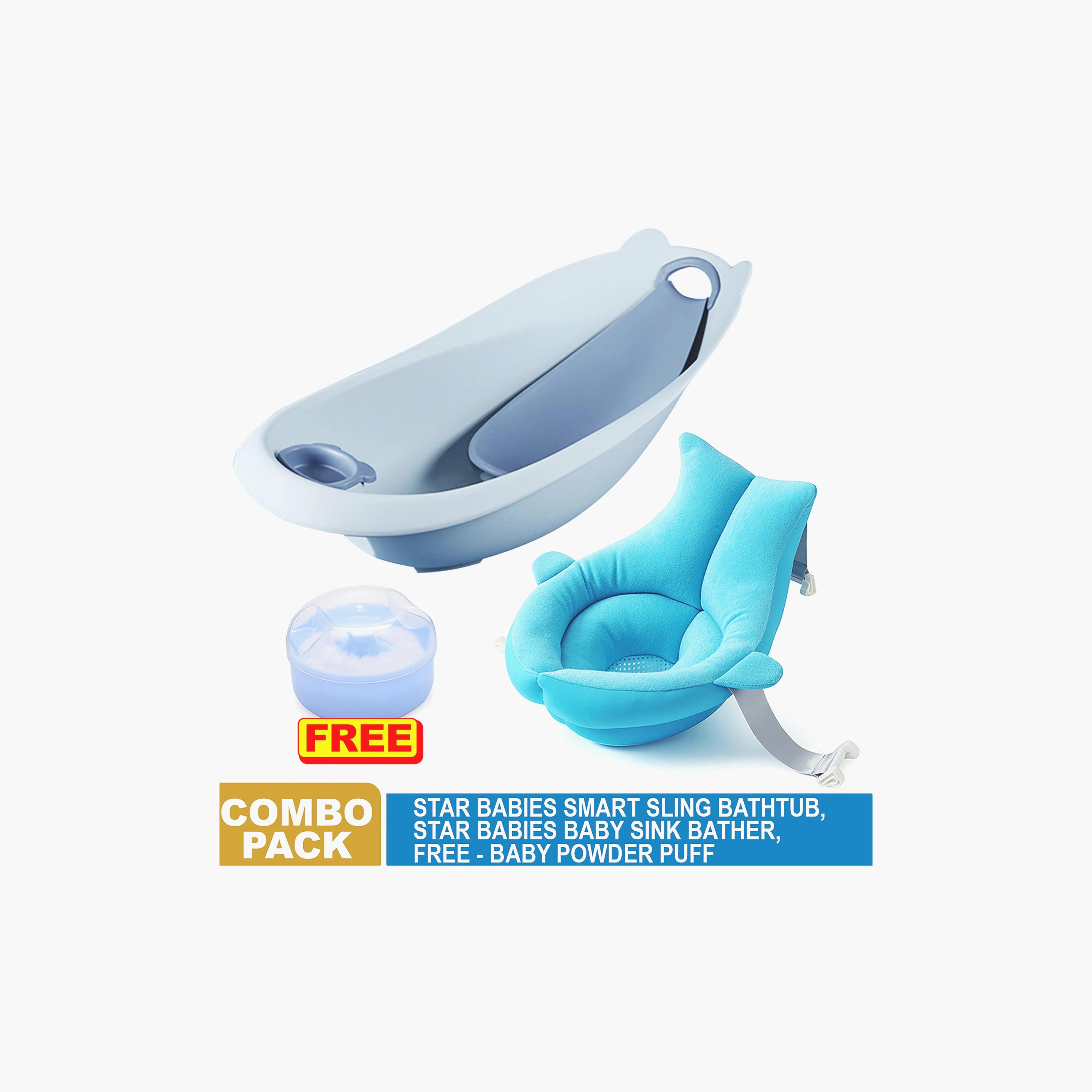 Star Babies 3-Piece Smart Sling 3-Stage Bath Tub, Soft Spot Sink Bather with Powder Puff-baby-bathandcare-bathtubs-image-2