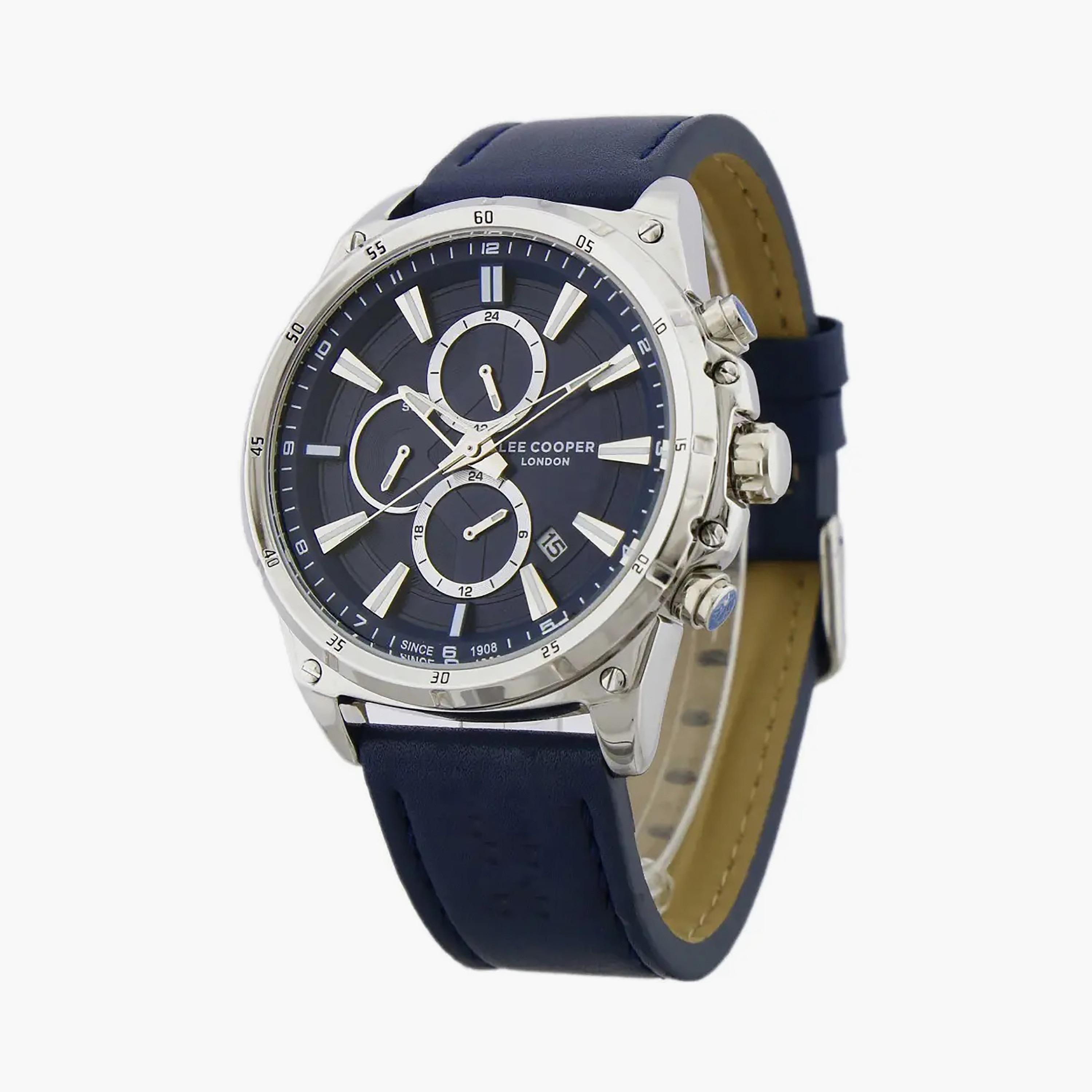  ساعة يد كرونوغراف للرجال باللون الأزرق وسوار جلدي من لي كوبر LC07489.399-men-watchesandjewellery-watches-image-1