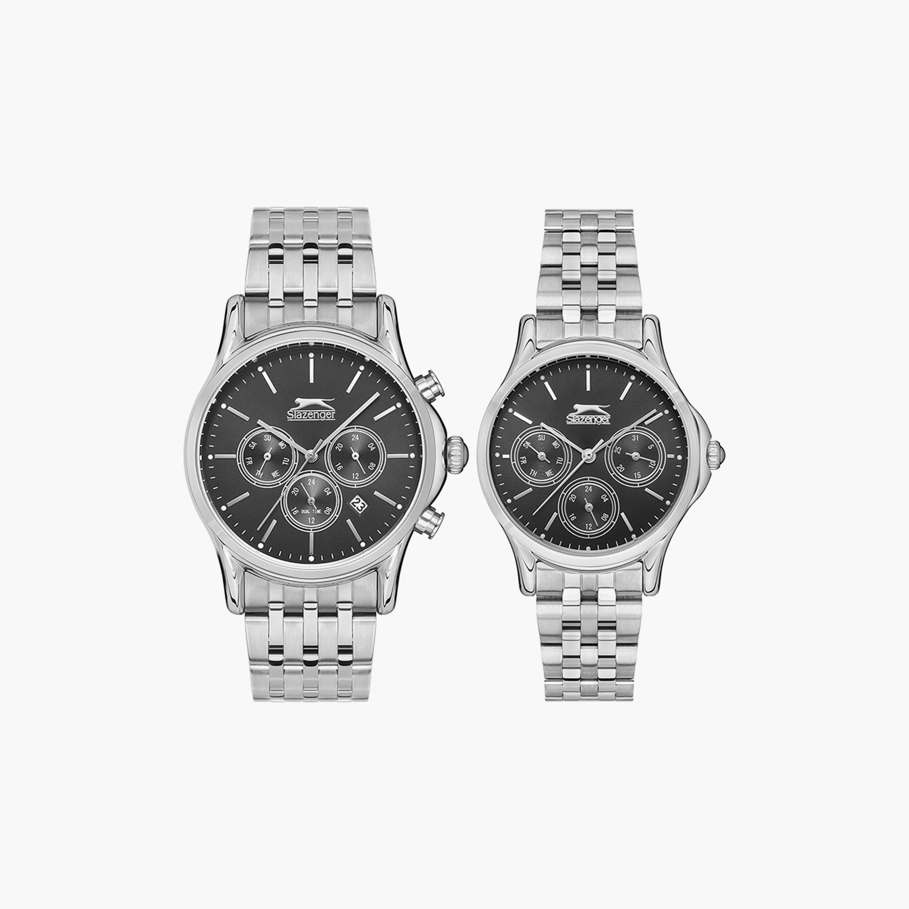  طقم من 2 ساعة للجنسين من سلازنجر ذو كرونوغراف فضي بسوار ستانلس ستيل-men-watchesandjewellery-watches-image-1