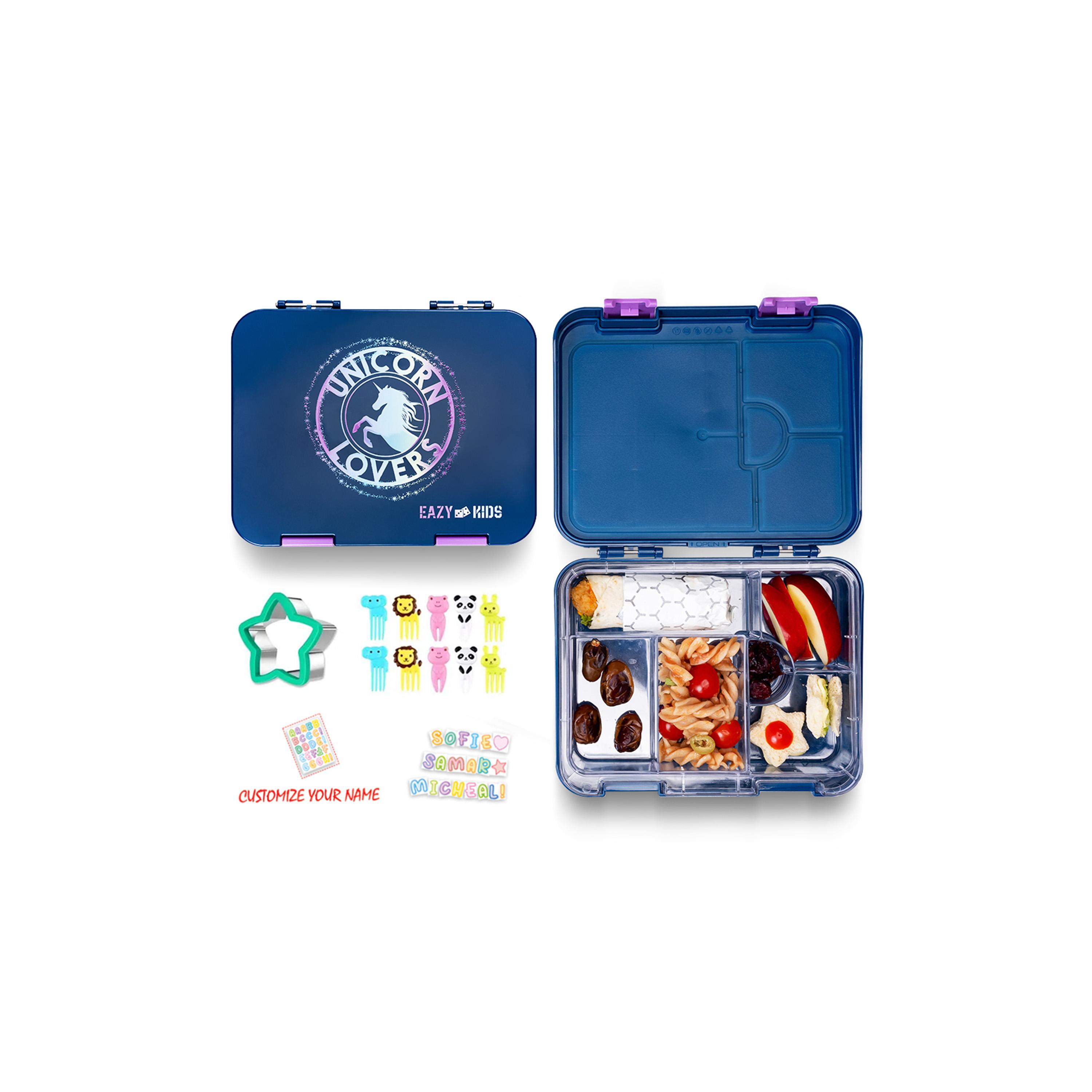 Eazy Kids 6 & 4 Convertible Bento Lunch Box With Sandwich Cutter Set, Unicorn Lover Blue-school-lunchessentials-lunchboxes-image-1