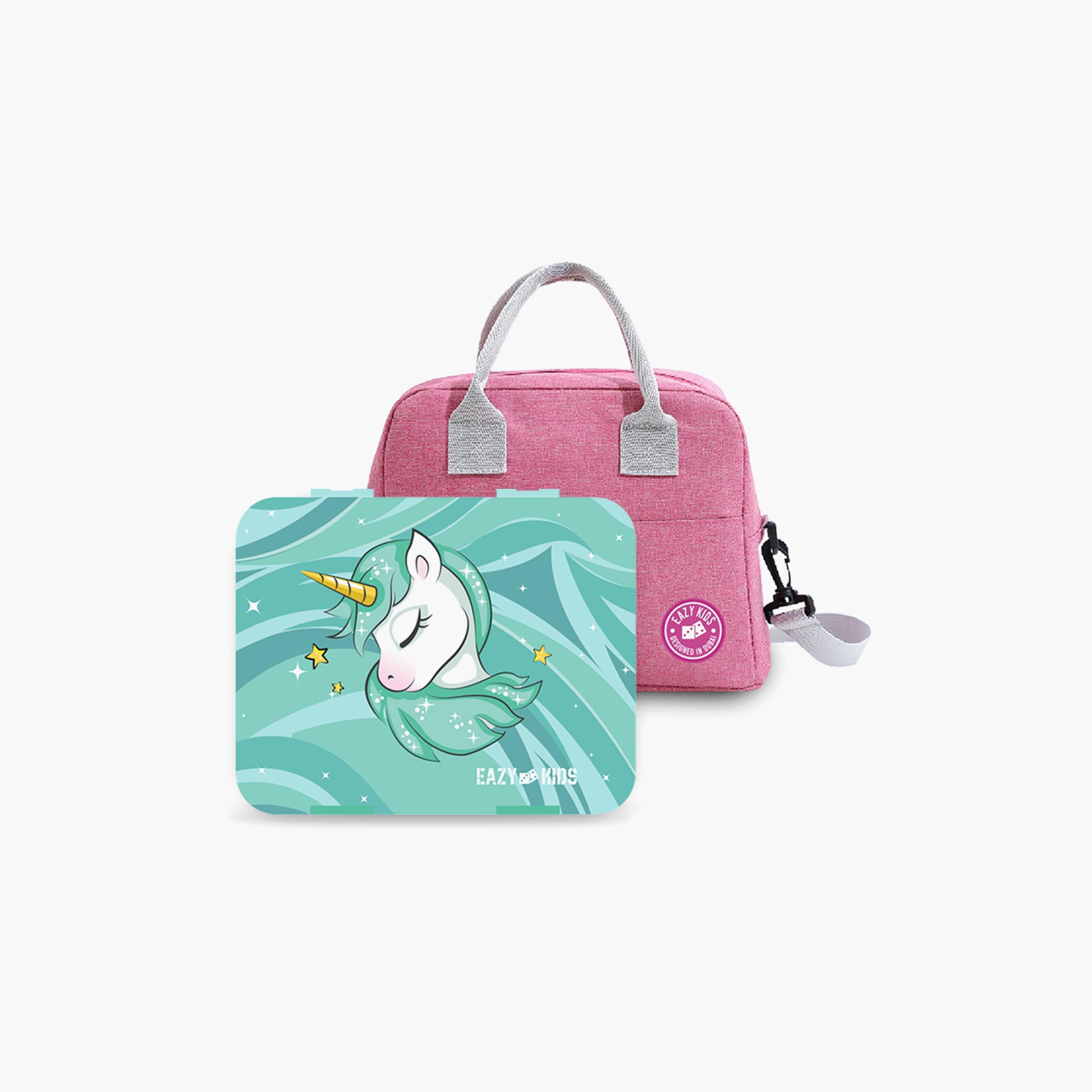 Eazy Kids Bento Box With Insulated Lunch Bag & Cutter Combo, Unicorn Green-school-lunchessentials-sets-image-1