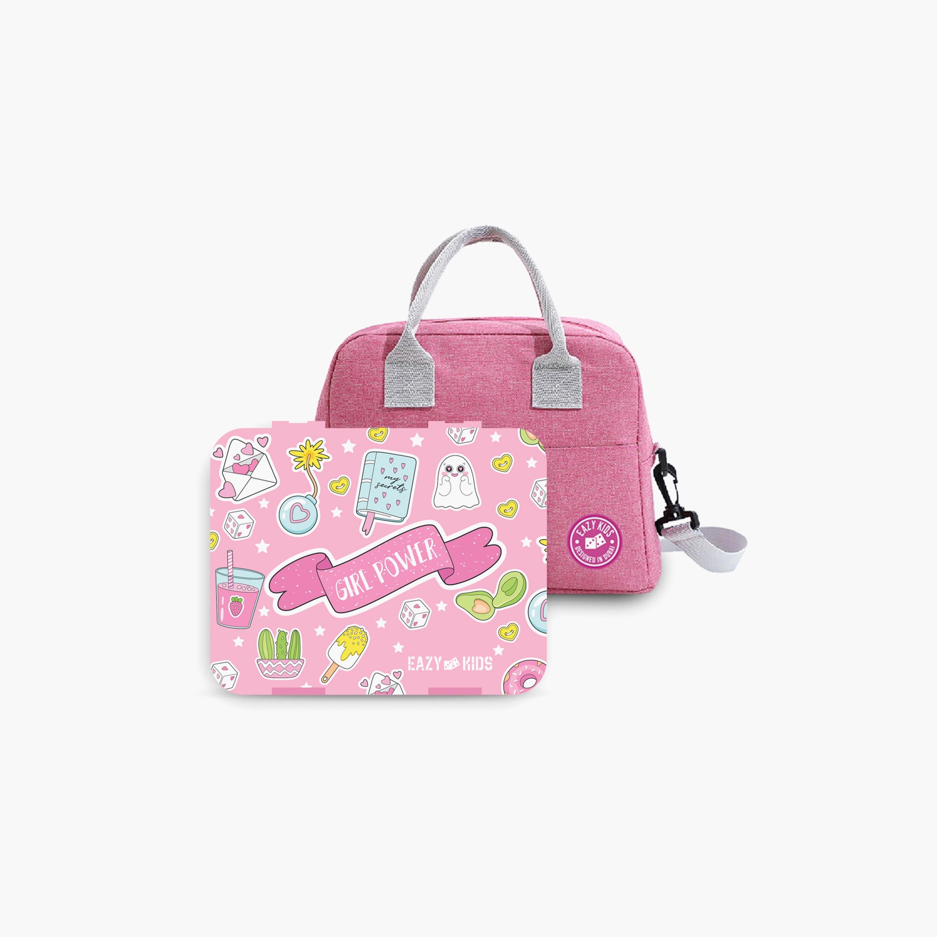 Eazy Kids Bento Box With Insulated Lunch Bag & Cutter Combo, Girl Power Pink-school-lunchessentials-lunchboxes-image-1