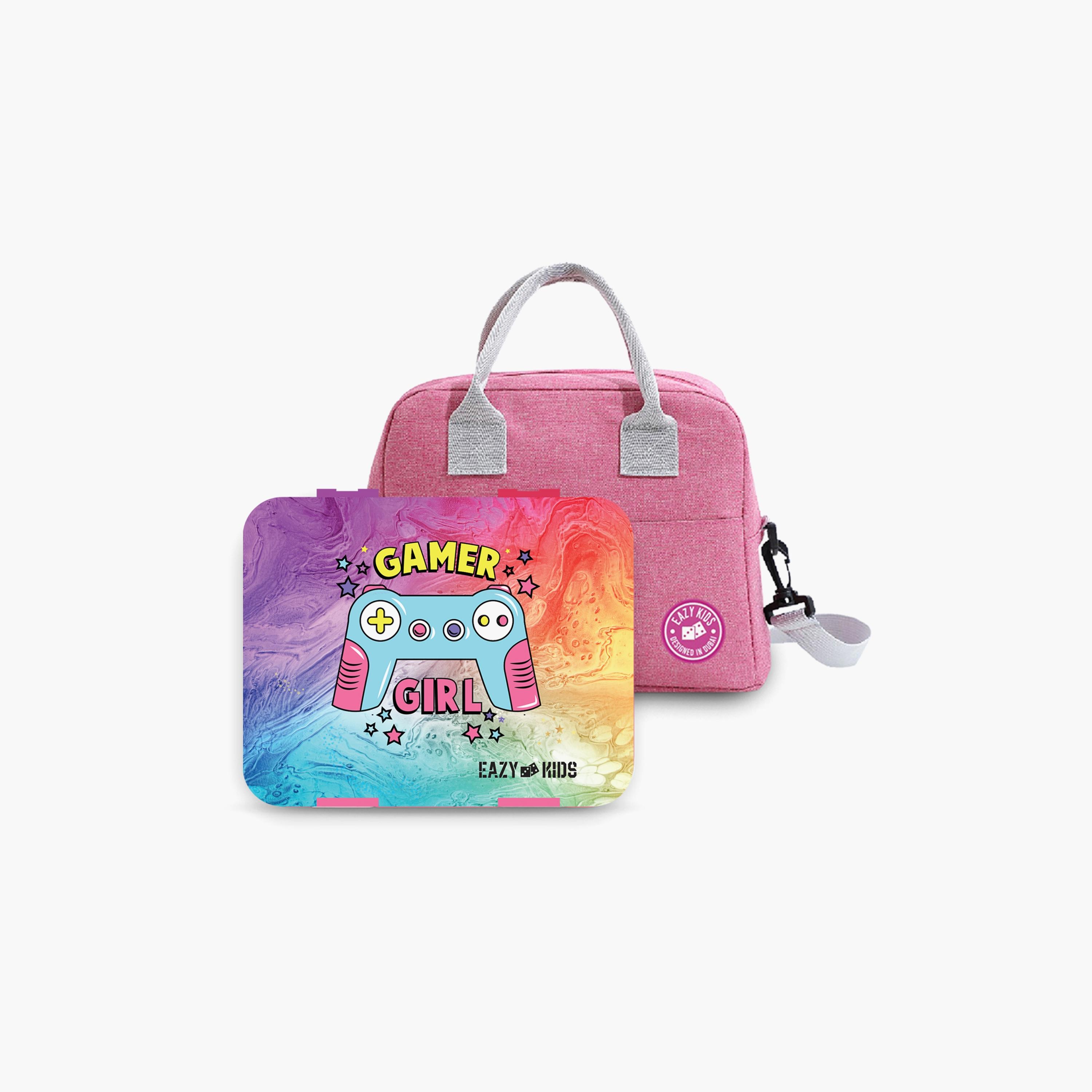 Eazy Kids Bento Box With Insulated Lunch Bag & Cutter Combo, Gamer Girl-school-lunchessentials-sets-image-1