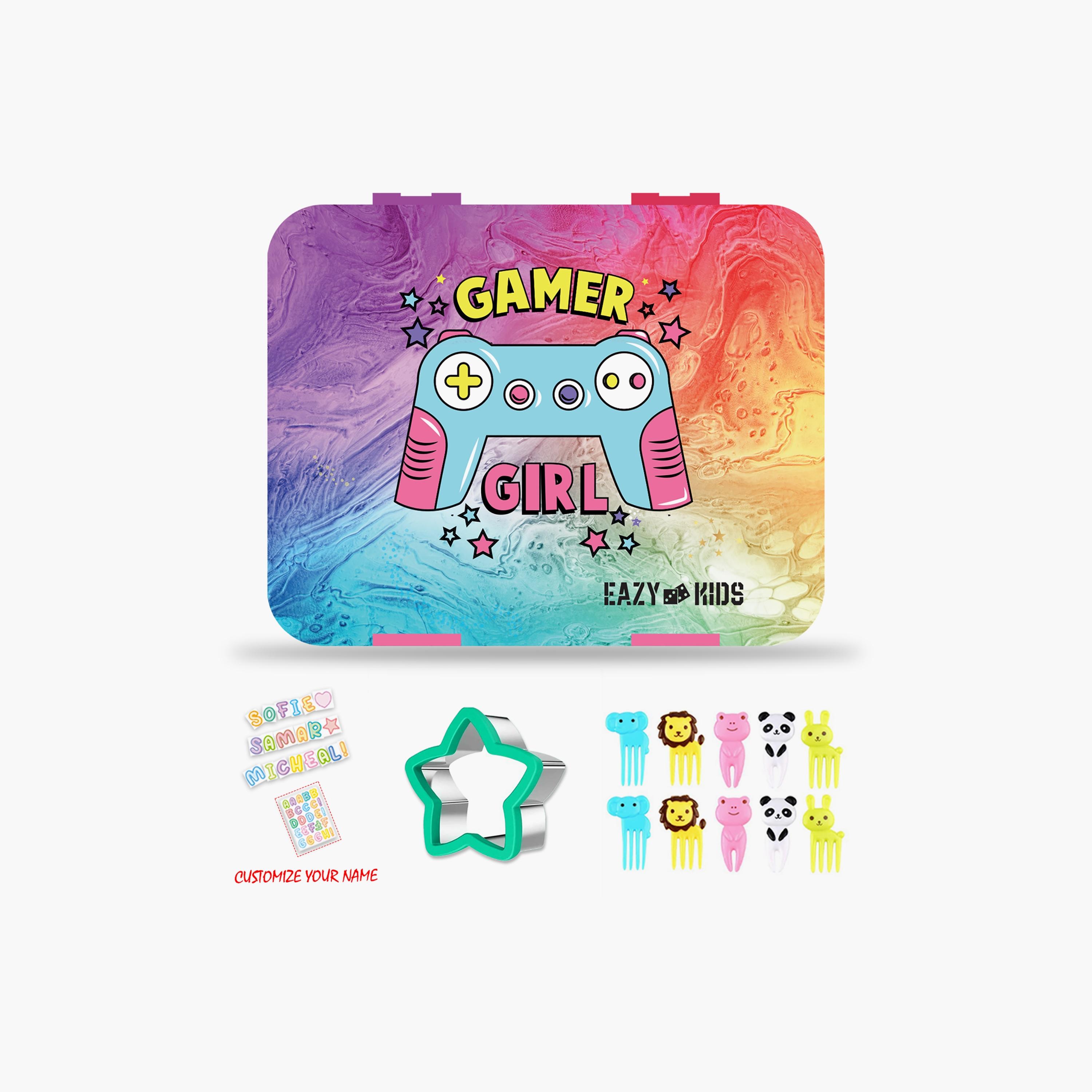 Eazy Kids Bento Box With Insulated Lunch Bag & Cutter Combo, Gamer Girl-school-lunchessentials-sets-image-2