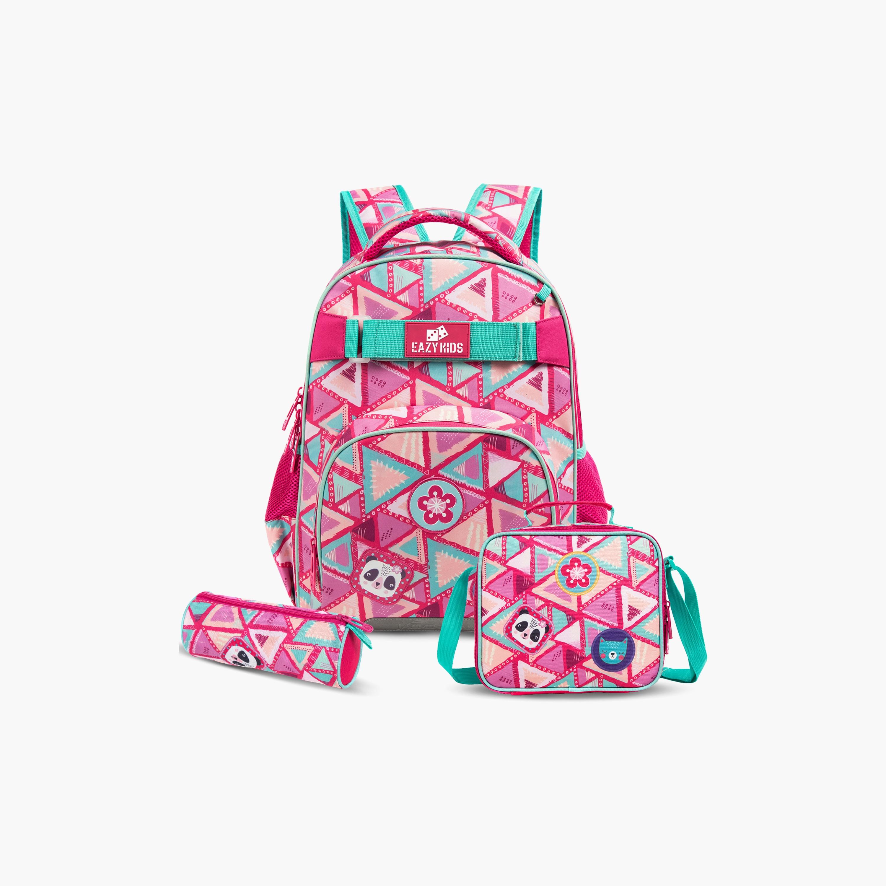 Eazy Kids 3-Piece School Bag, Lunch Bag, Pencil Case, 18 Inch, Panda Pink-school-bagsandbackpacks-sets-image-1