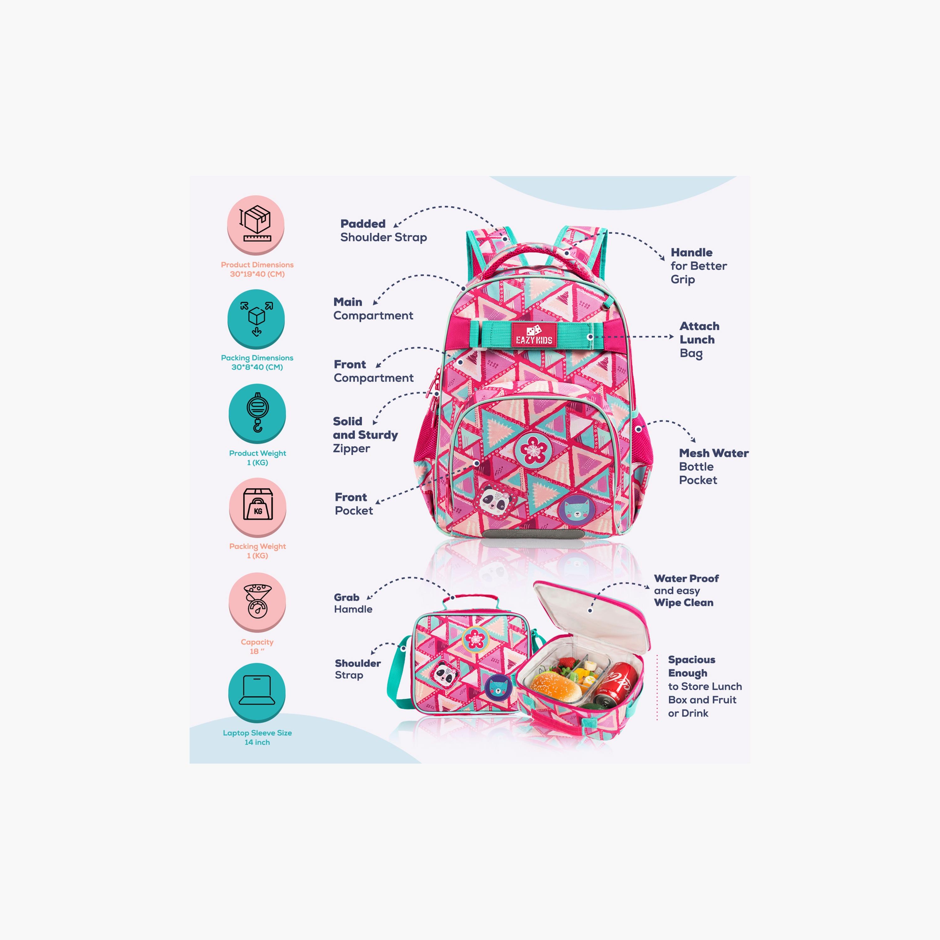 Eazy Kids 3-Piece School Bag, Lunch Bag, Pencil Case, 18 Inch, Panda Pink-school-bagsandbackpacks-sets-image-3