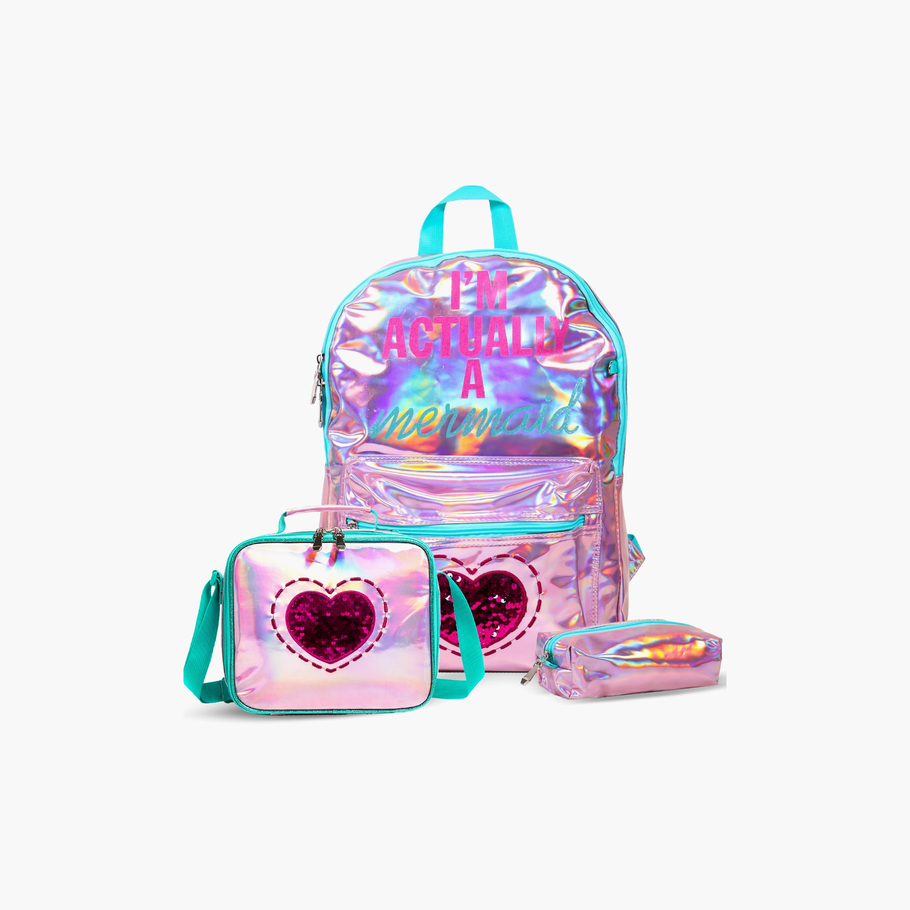 حقيبة مدرسة وصندوق غداء وحافظة أقلام من إيزي كيدز، 17 بوصة، حورية بحر وردي-school-bagsandbackpacks-sets-image-5