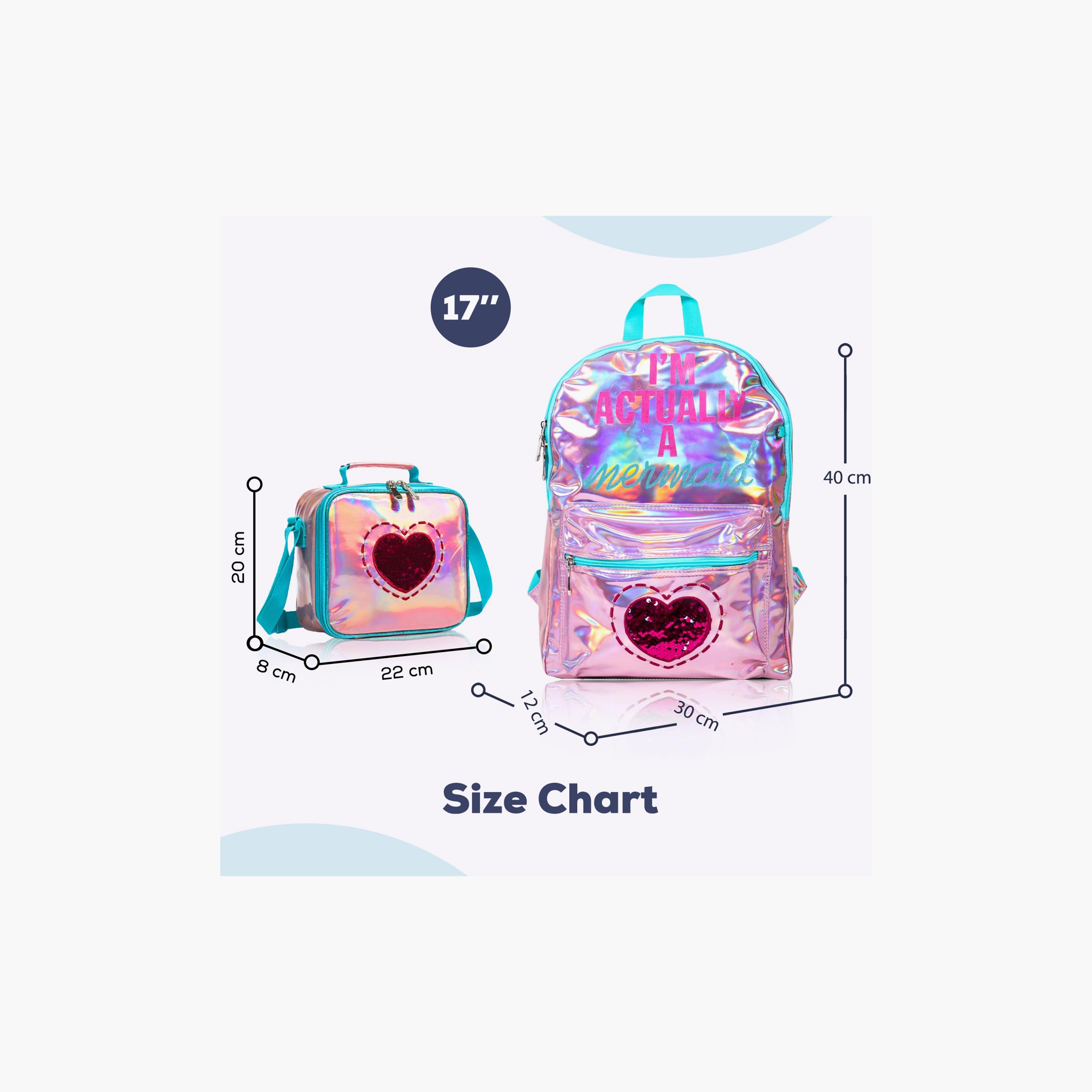 حقيبة مدرسة وصندوق غداء وحافظة أقلام من إيزي كيدز، 17 بوصة، حورية بحر وردي-school-bagsandbackpacks-sets-image-4