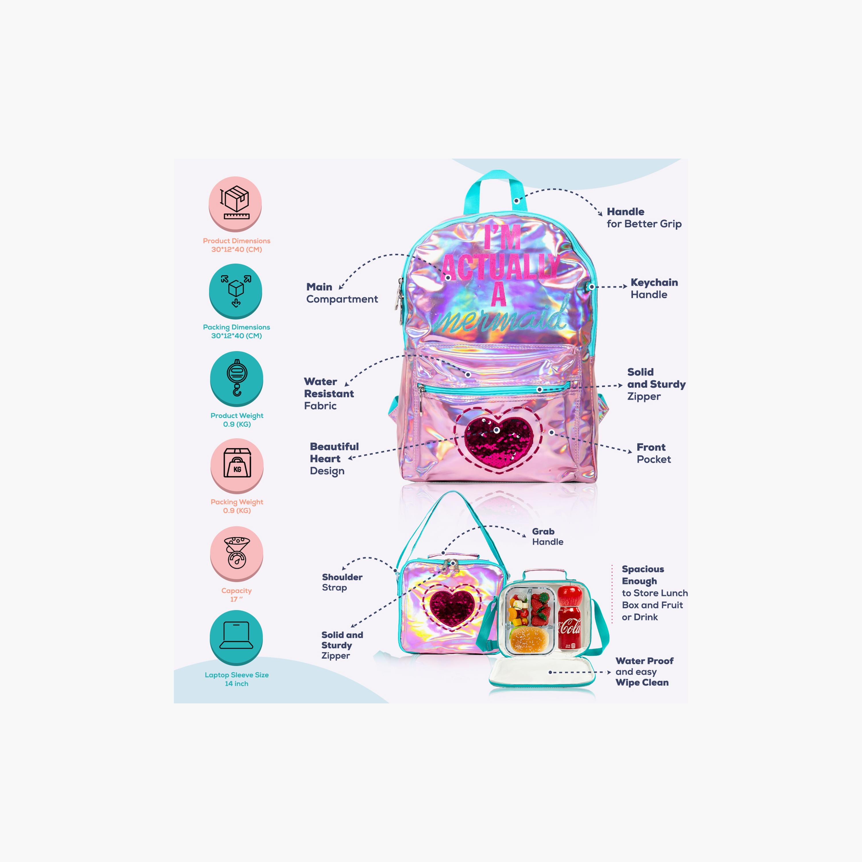 حقيبة مدرسة وصندوق غداء وحافظة أقلام من إيزي كيدز، 17 بوصة، حورية بحر وردي-school-bagsandbackpacks-sets-image-3