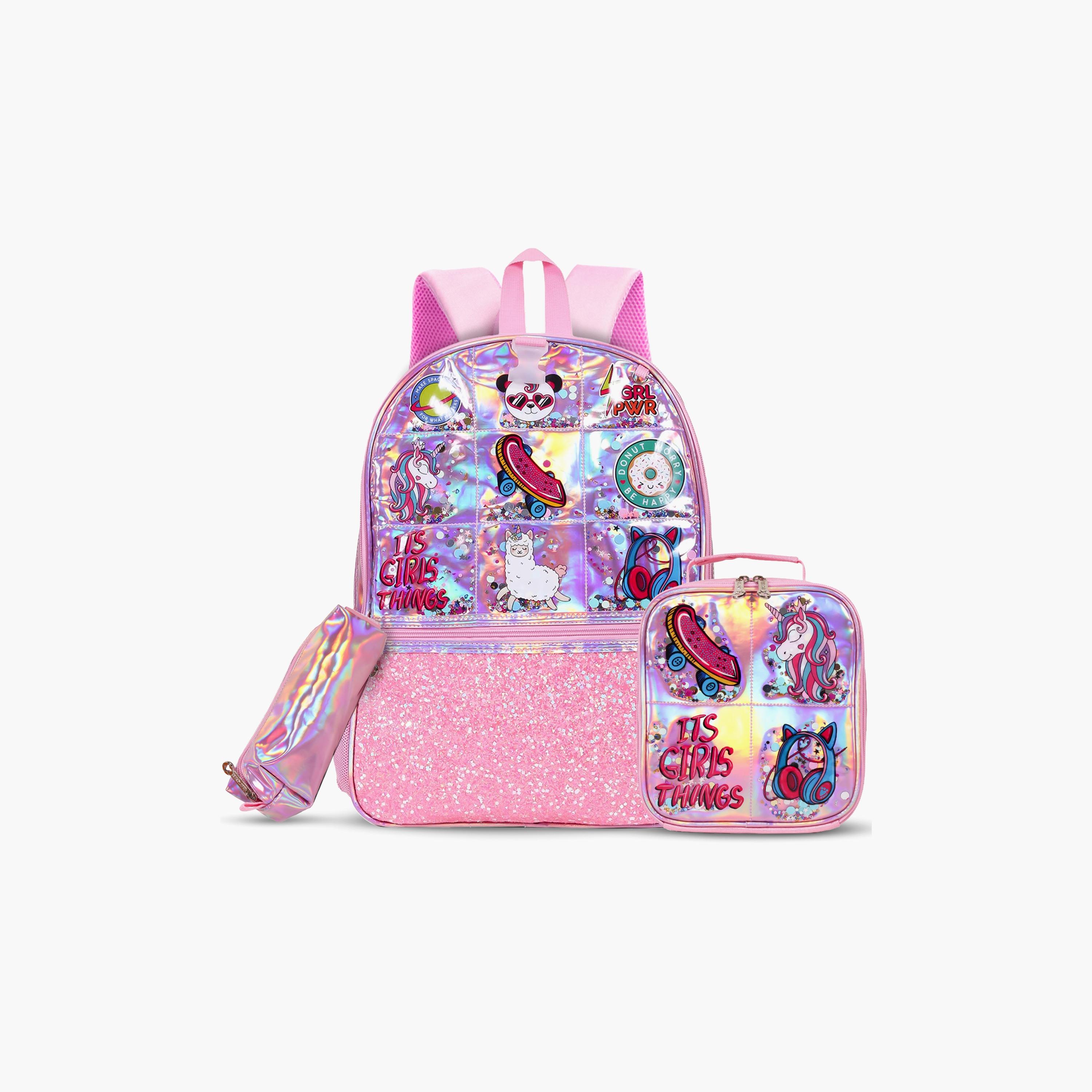 Eazy Kids 3-Piece School Bag, Lunch Bag, Pencil Case, 17 Inch, Girl Things-Pink-school-bagsandbackpacks-sets-image-1