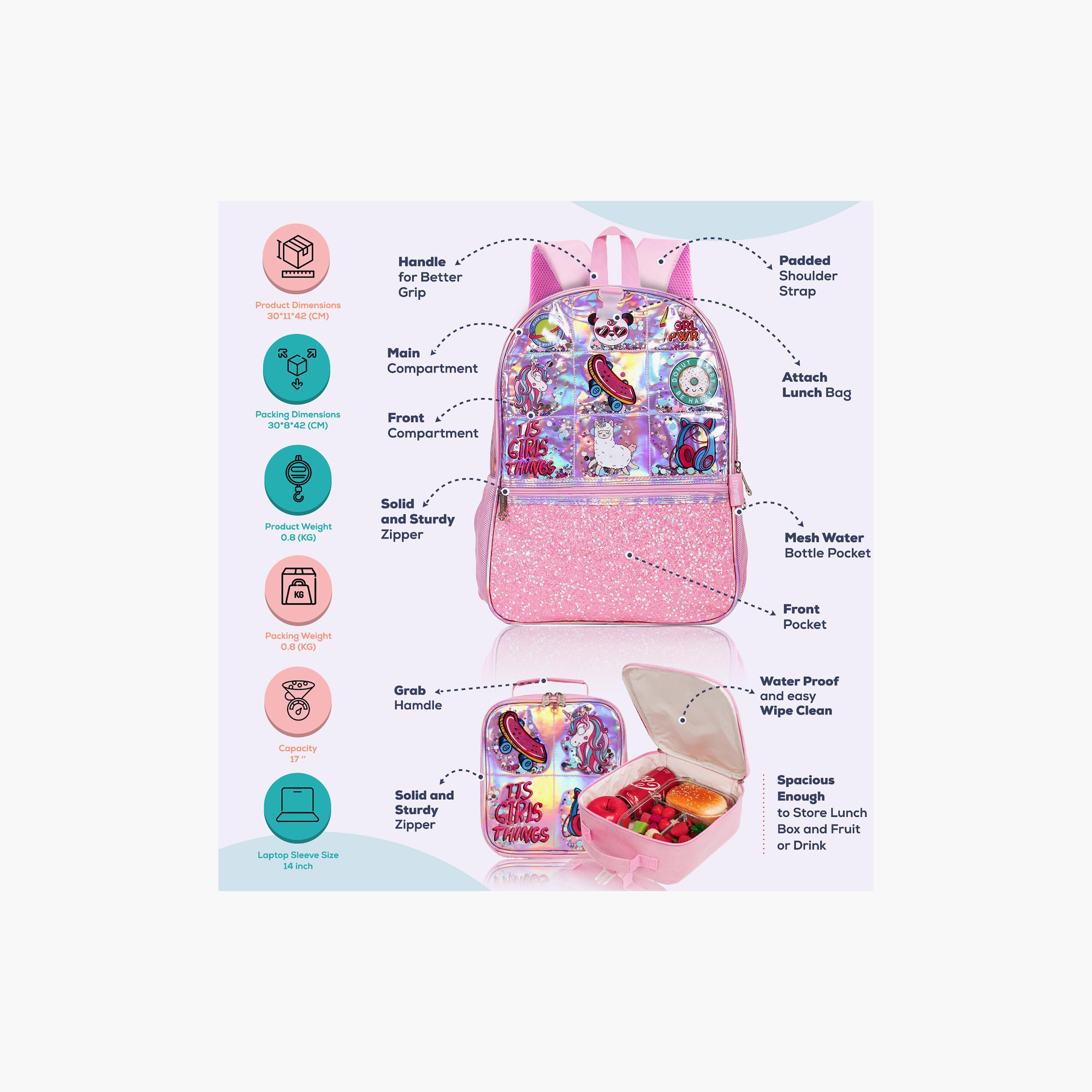 Eazy Kids 3-Piece School Bag, Lunch Bag, Pencil Case, 17 Inch, Girl Things-Pink-school-bagsandbackpacks-sets-image-2