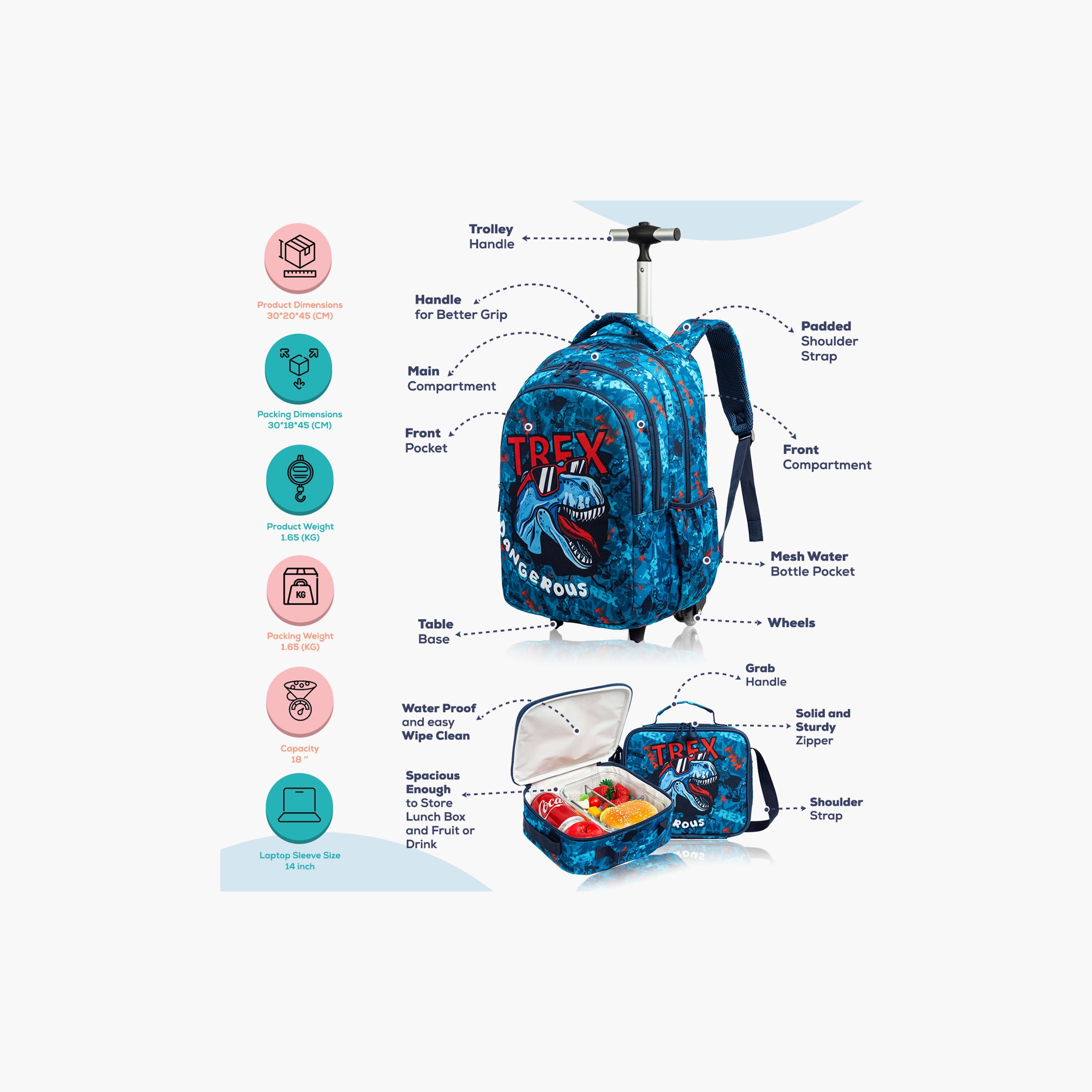 Eazy Kids 3-Piece Trolley School Bag, Lunch Bag & Pencil Case, 18 Inch, Trex Dinosaur Blue-school-bagsandbackpacks-sets-image-3