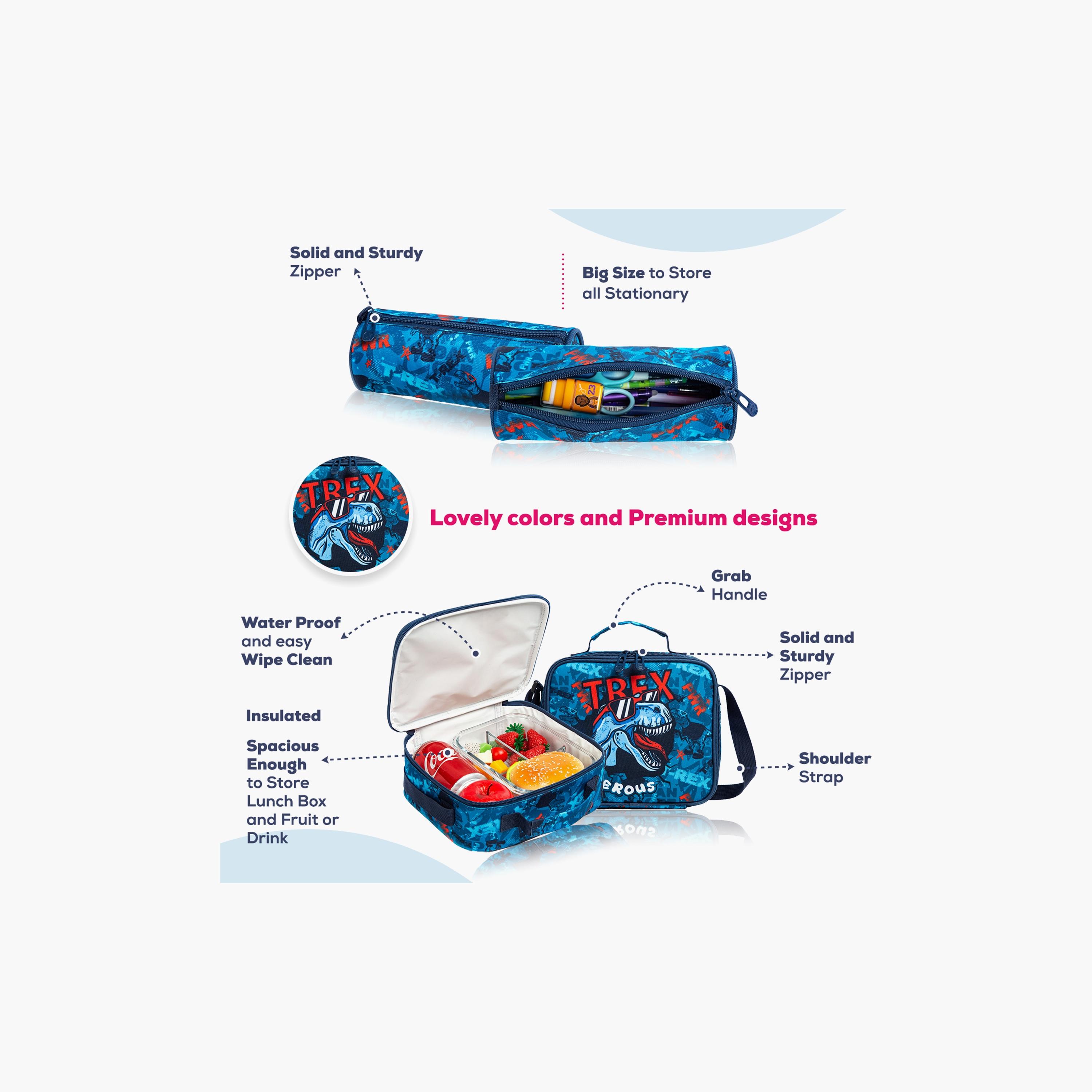 Eazy Kids 3-Piece Trolley School Bag, Lunch Bag & Pencil Case, 18 Inch, Trex Dinosaur Blue-school-bagsandbackpacks-sets-image-4