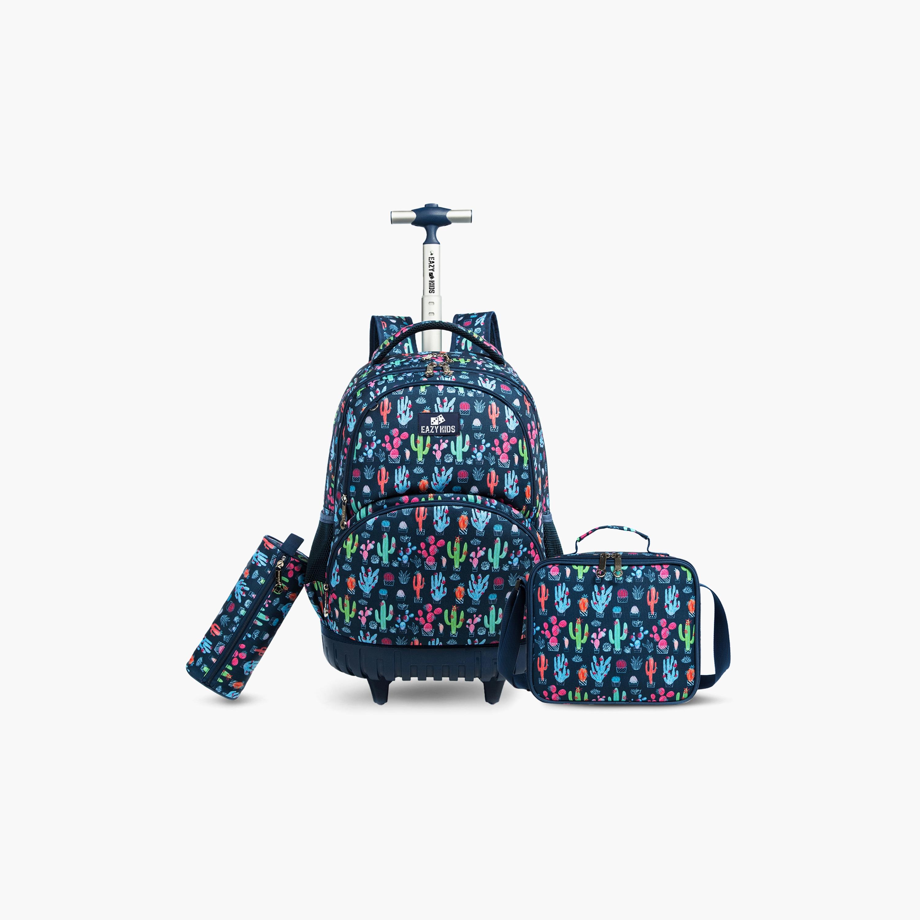 Eazy Kids 3-Piece Trolley School Bag, Lunch Bag & Pencil Case, 18 Inch, Cacti Blue-school-bagsandbackpacks-sets-image-1