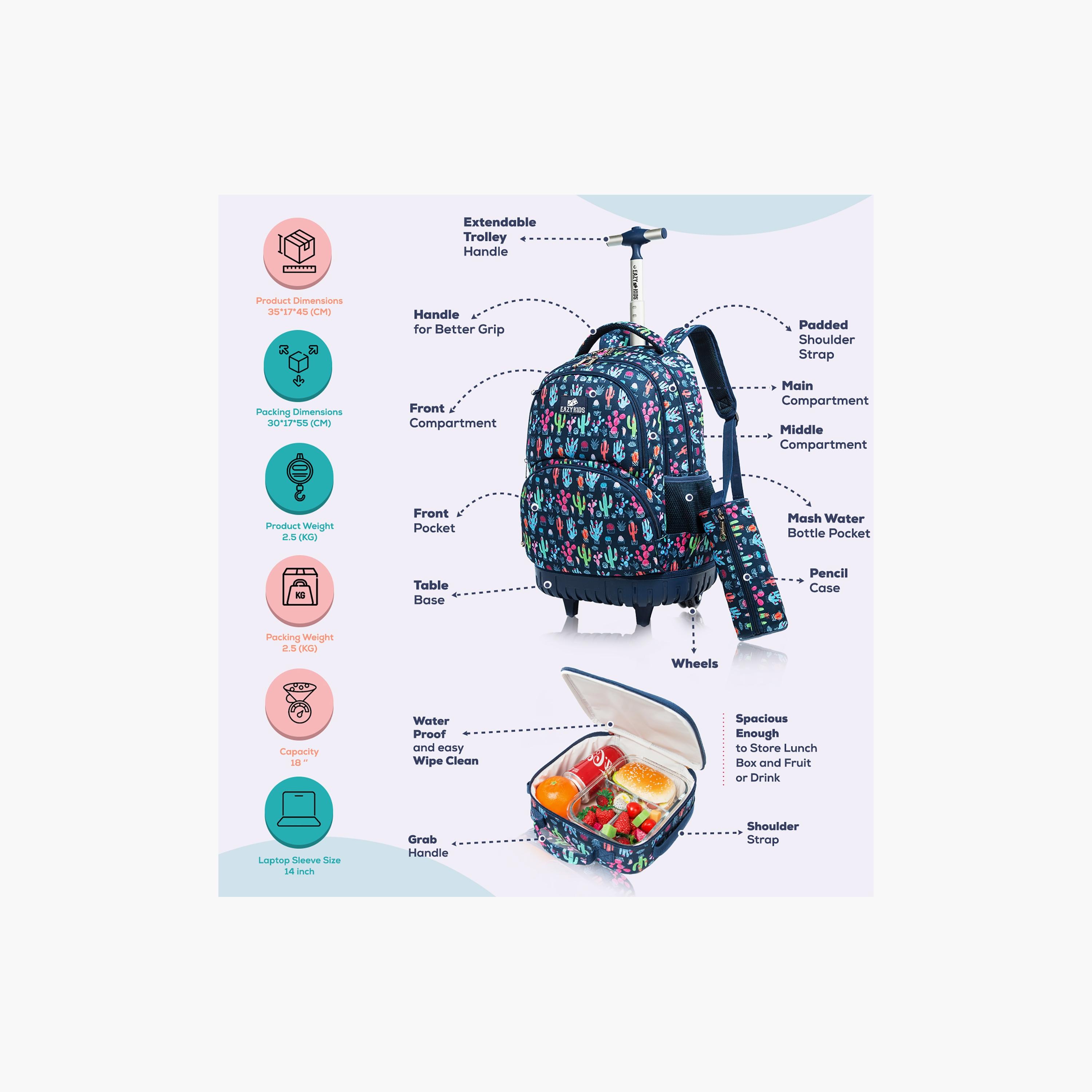 Eazy Kids 3-Piece Trolley School Bag, Lunch Bag & Pencil Case, 18 Inch, Cacti Blue-school-bagsandbackpacks-sets-image-2