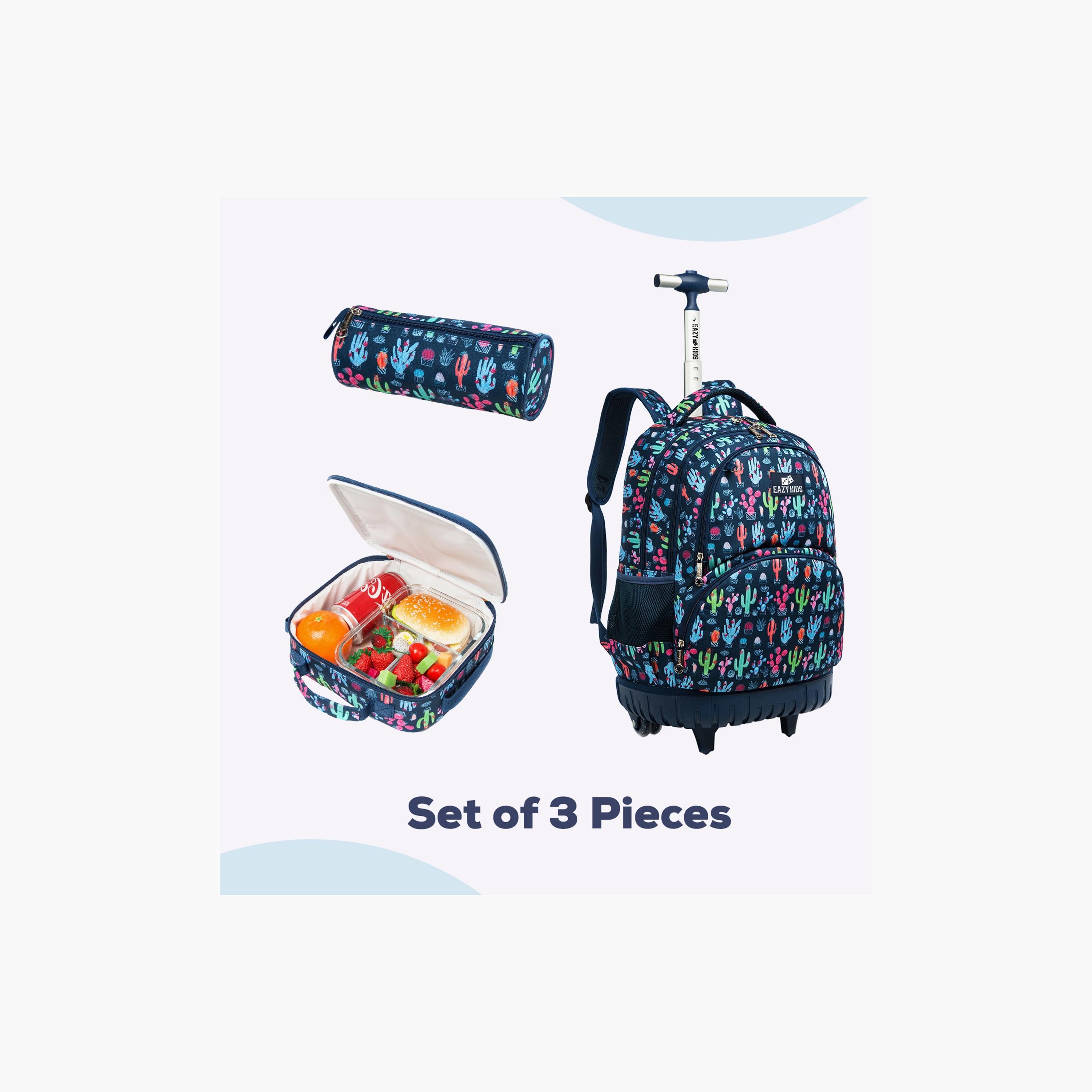 Eazy Kids 3-Piece Trolley School Bag, Lunch Bag & Pencil Case, 18 Inch, Cacti Blue-school-bagsandbackpacks-sets-image-3