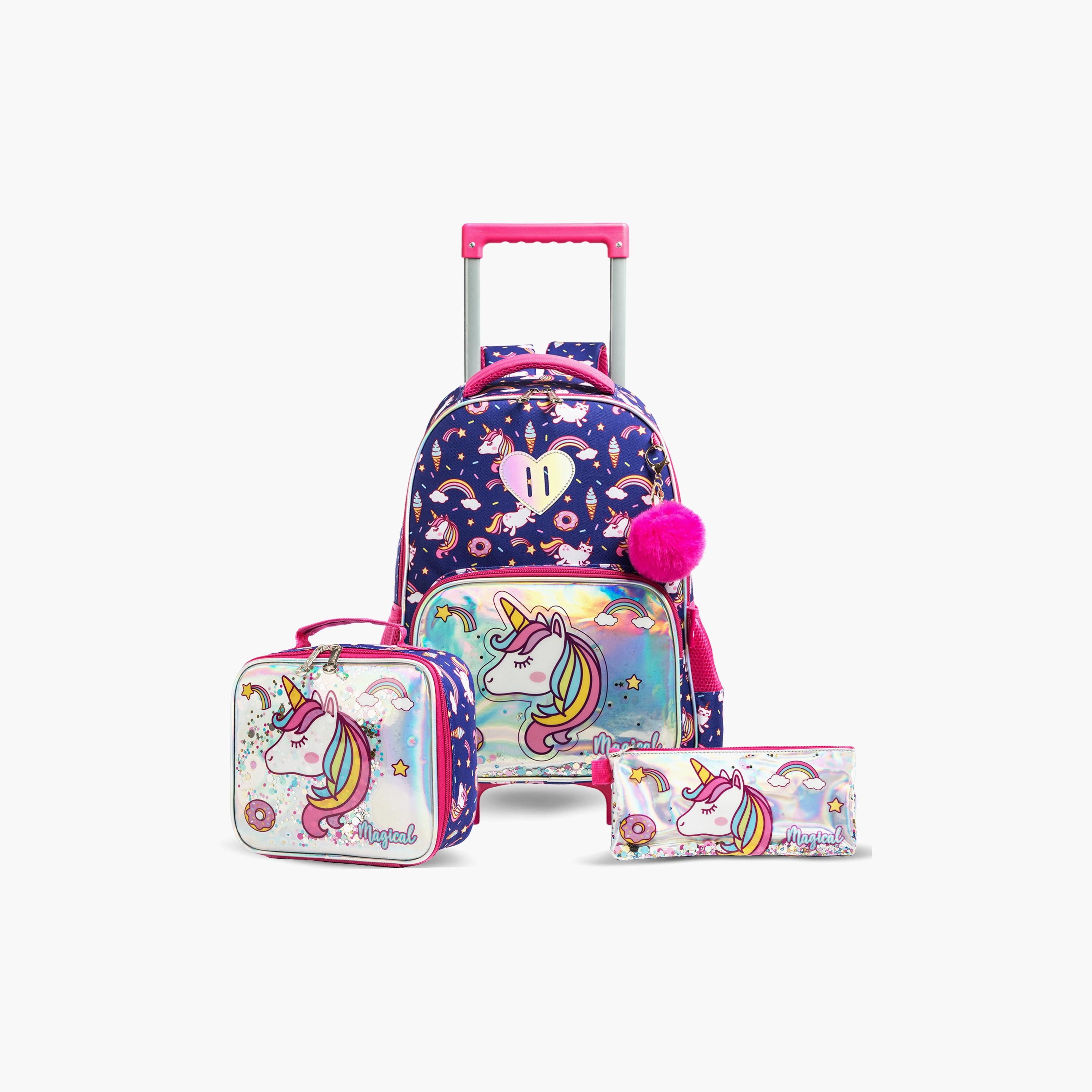 Eazy Kids 3-Piece Trolley School Bag , Lunch Bag & Pencil Case, 16 Inch, Unicorn Chrome Blue-school-bagsandbackpacks-sets-image-1