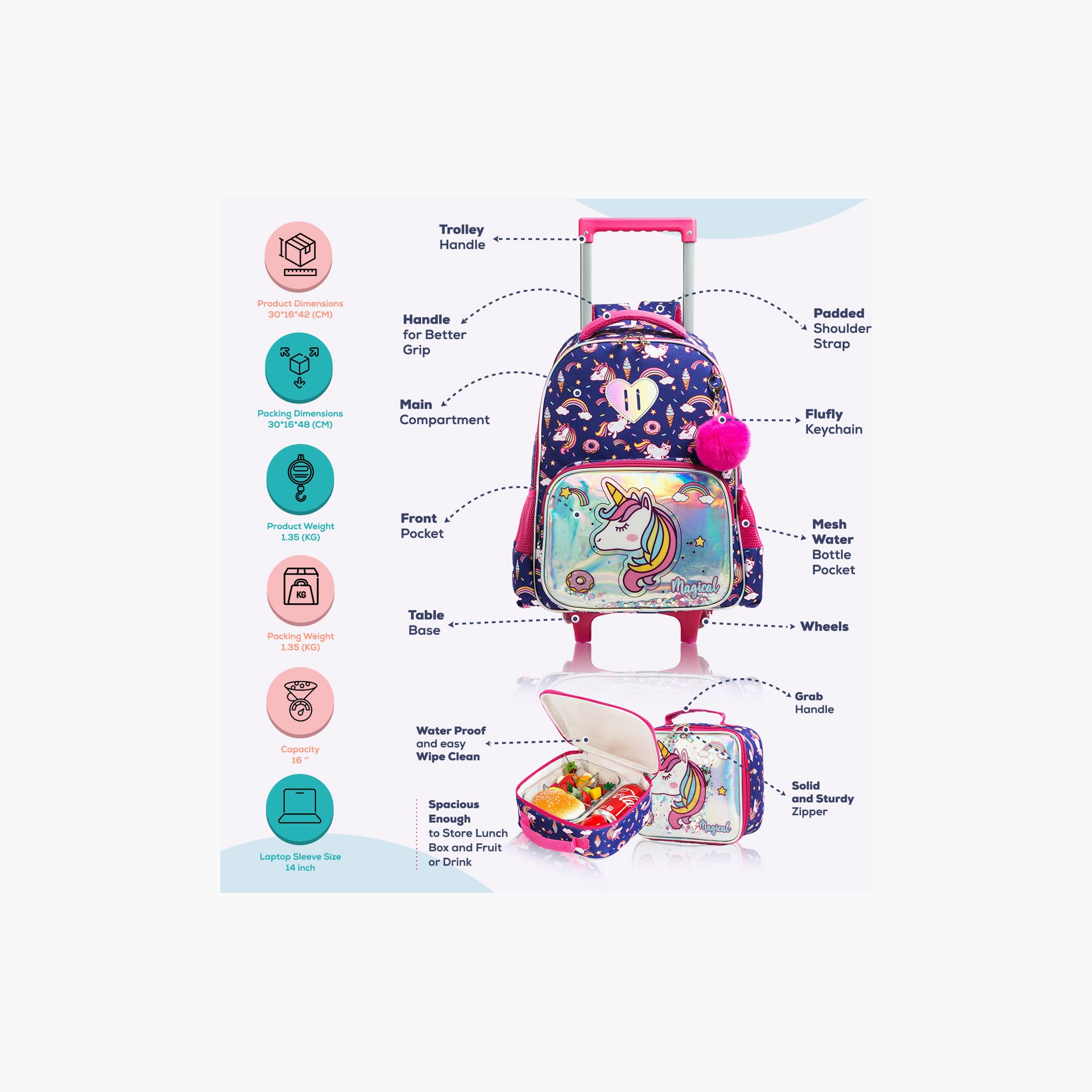 Eazy Kids 3-Piece Trolley School Bag , Lunch Bag & Pencil Case, 16 Inch, Unicorn Chrome Blue-school-bagsandbackpacks-sets-image-2