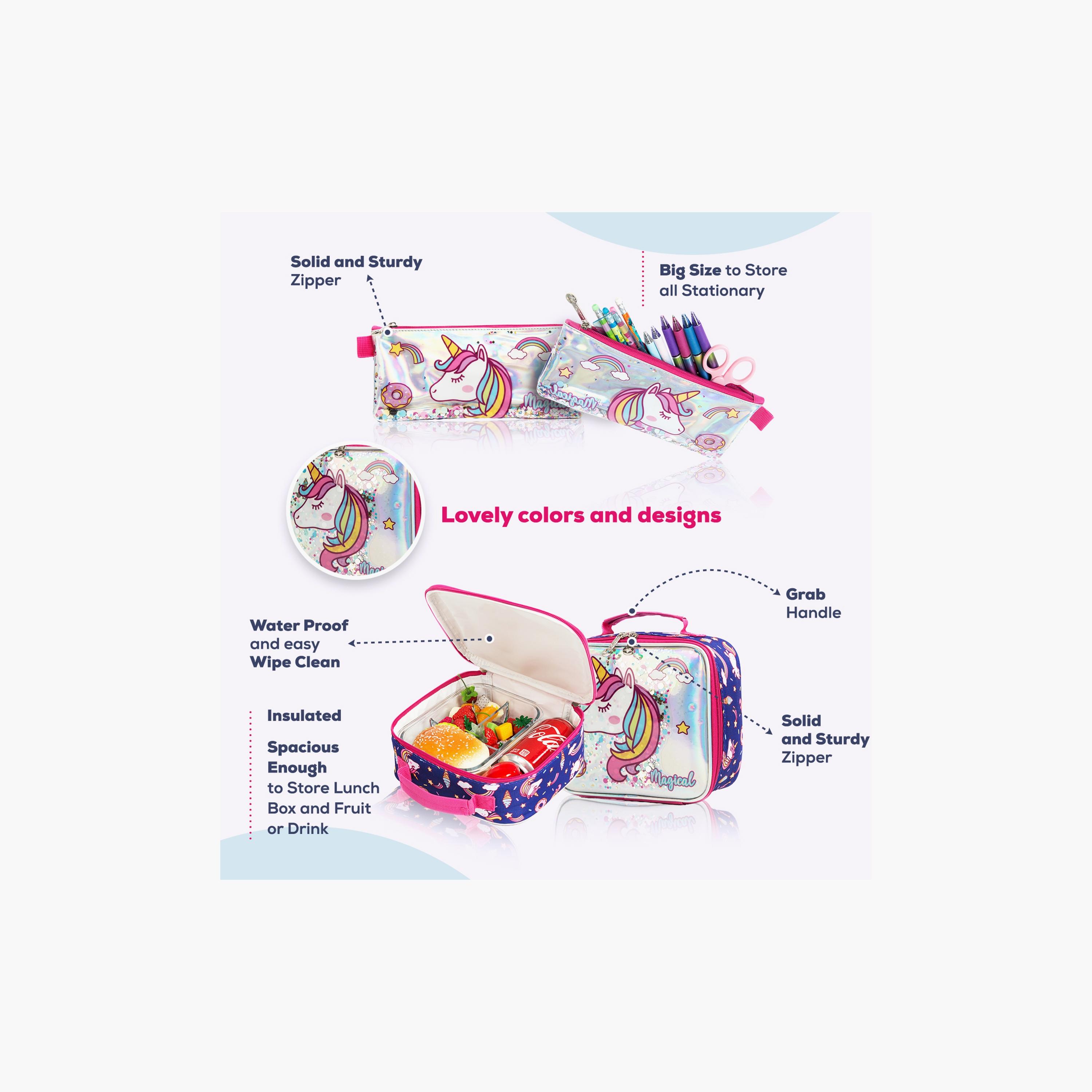Eazy Kids 3-Piece Trolley School Bag , Lunch Bag & Pencil Case, 16 Inch, Unicorn Chrome Blue-school-bagsandbackpacks-sets-image-3