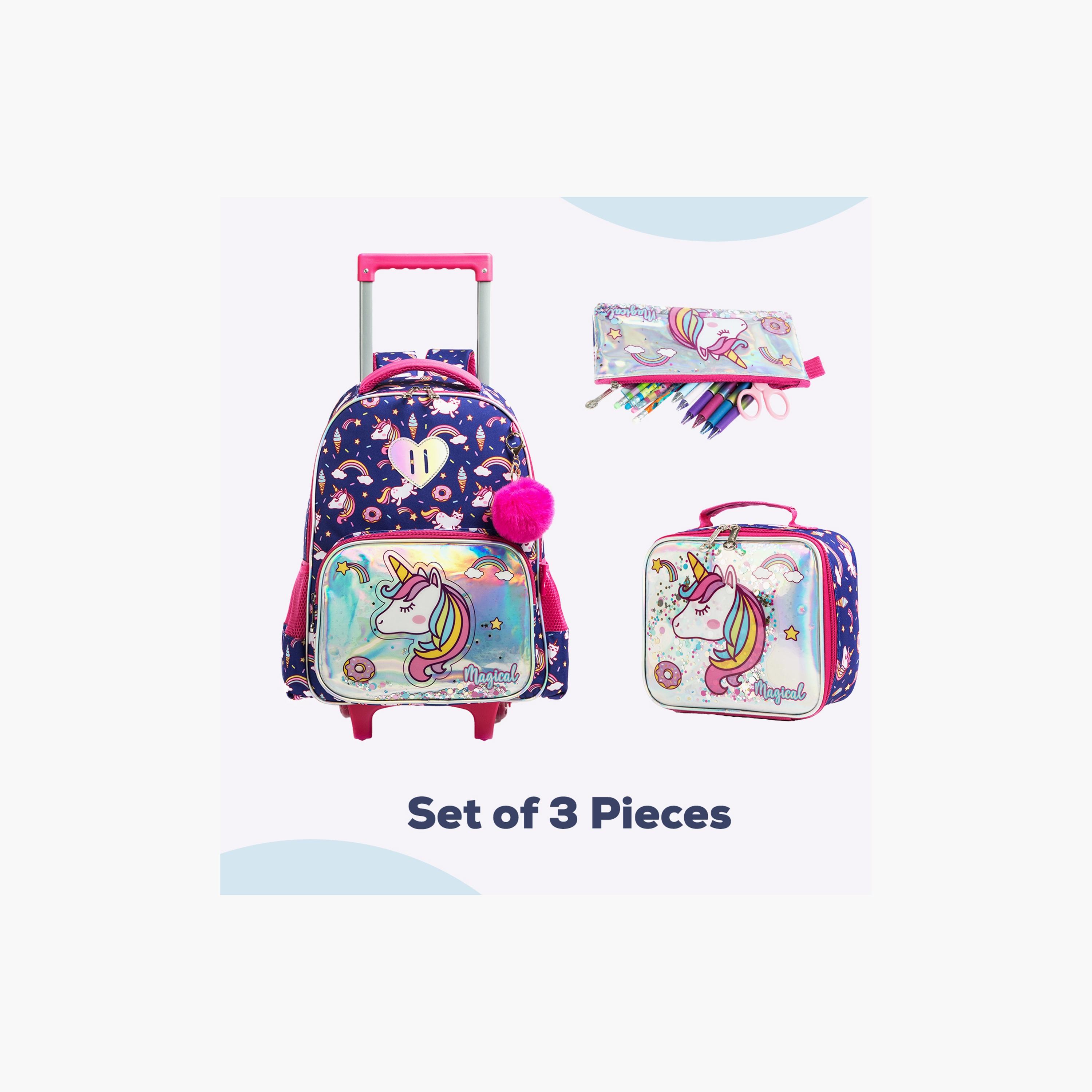 Eazy Kids 3-Piece Trolley School Bag , Lunch Bag & Pencil Case, 16 Inch, Unicorn Chrome Blue-school-bagsandbackpacks-sets-image-4