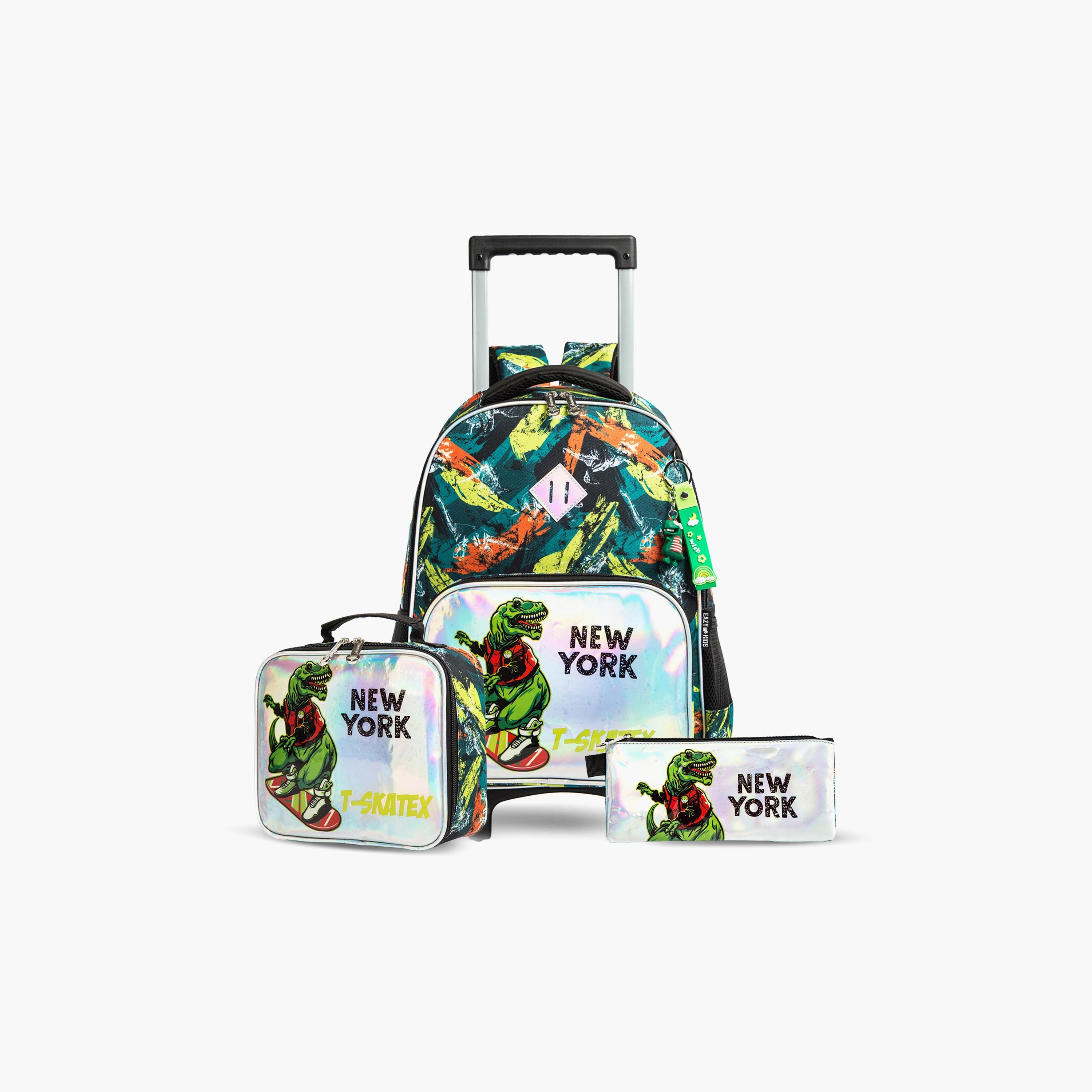 Eazy Kids 3-Piece Trolley School Bag , Lunch Bag & Pencil Case, 16 Inch, New York Dinosaur Green-school-bagsandbackpacks-sets-image-1