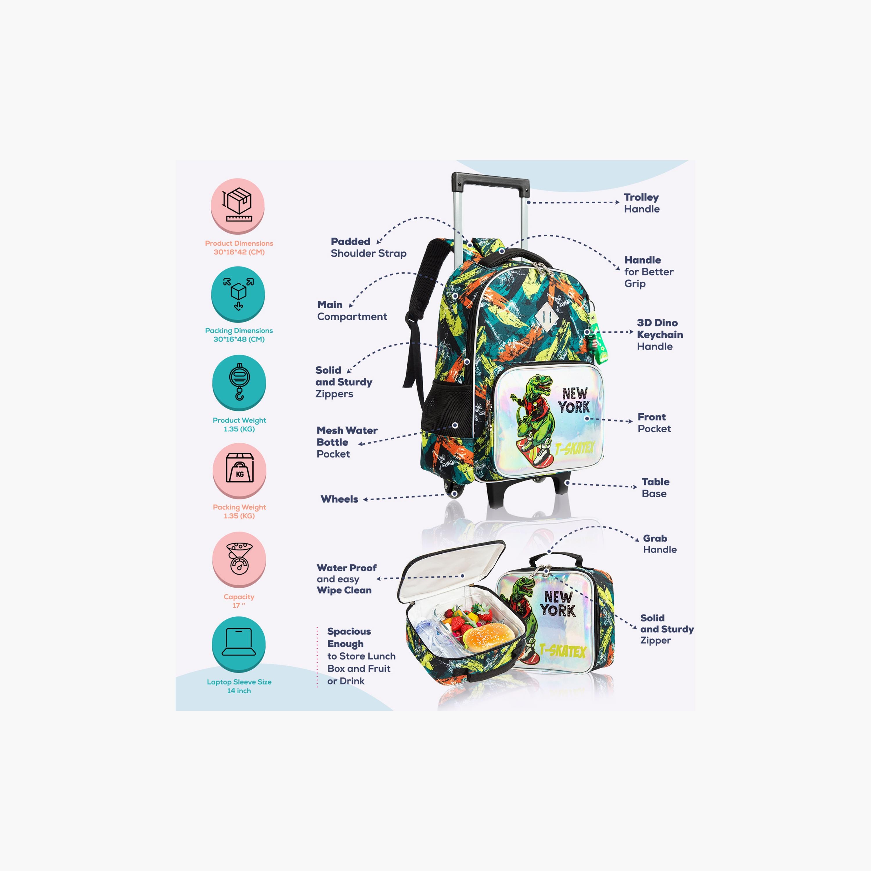 Eazy Kids 3-Piece Trolley School Bag , Lunch Bag & Pencil Case, 16 Inch, New York Dinosaur Green-school-bagsandbackpacks-sets-image-2