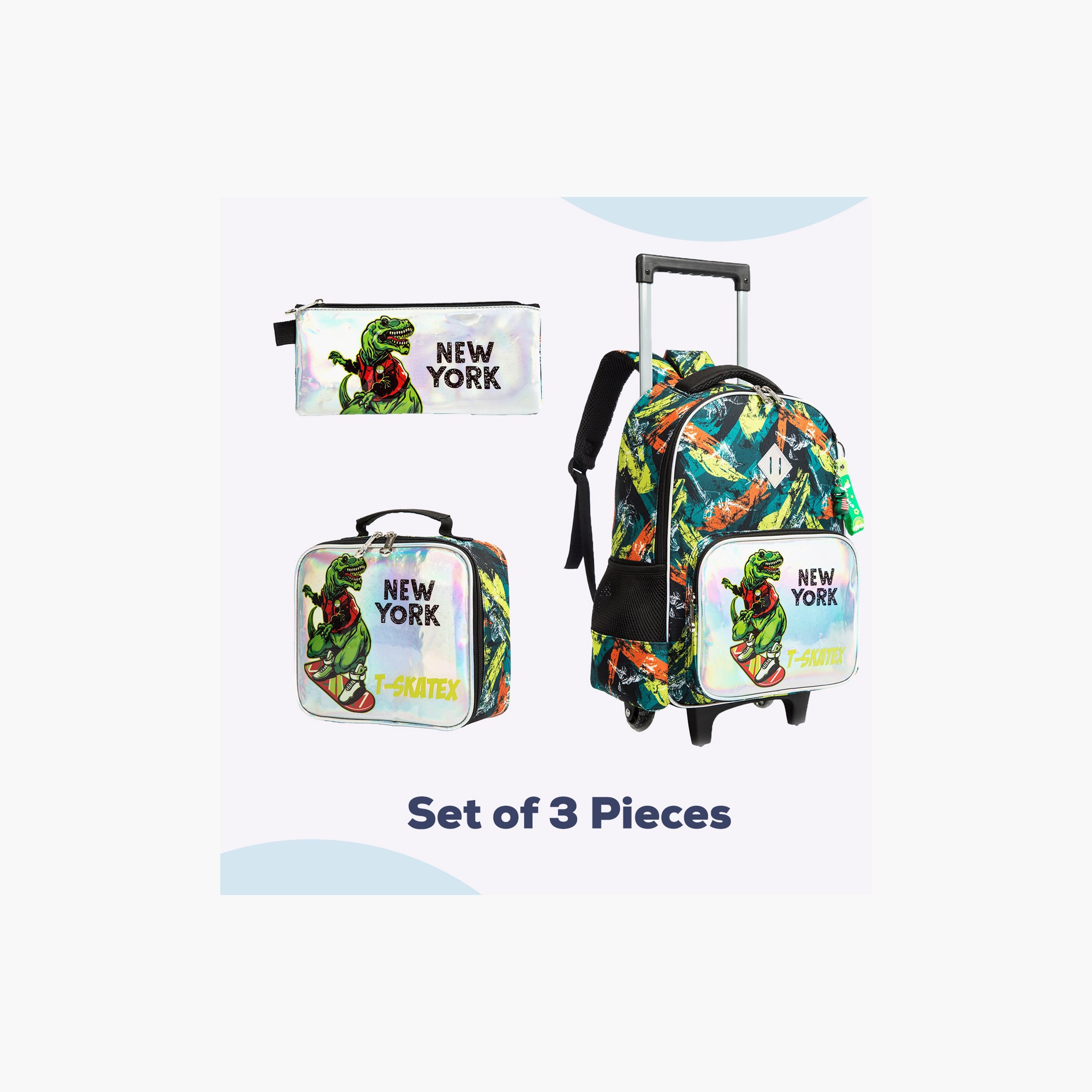 Eazy Kids 3-Piece Trolley School Bag , Lunch Bag & Pencil Case, 16 Inch, New York Dinosaur Green-school-bagsandbackpacks-sets-image-4