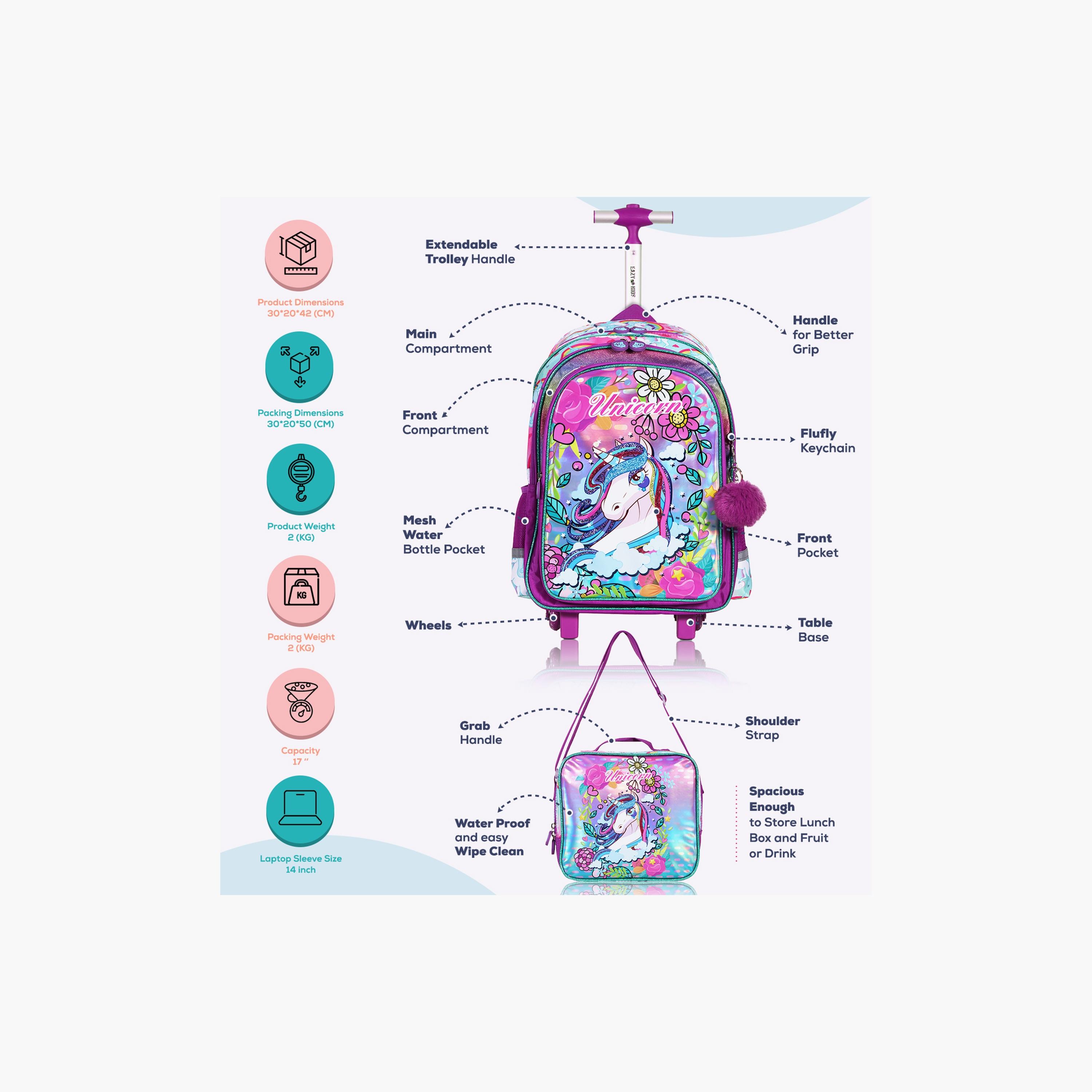 Eazy Kid 4-Piece School Bag, Lunch Bag, Activity Bag & Pencil Case, 17 Inch, Unicorn Pink-school-bagsandbackpacks-sets-image-2