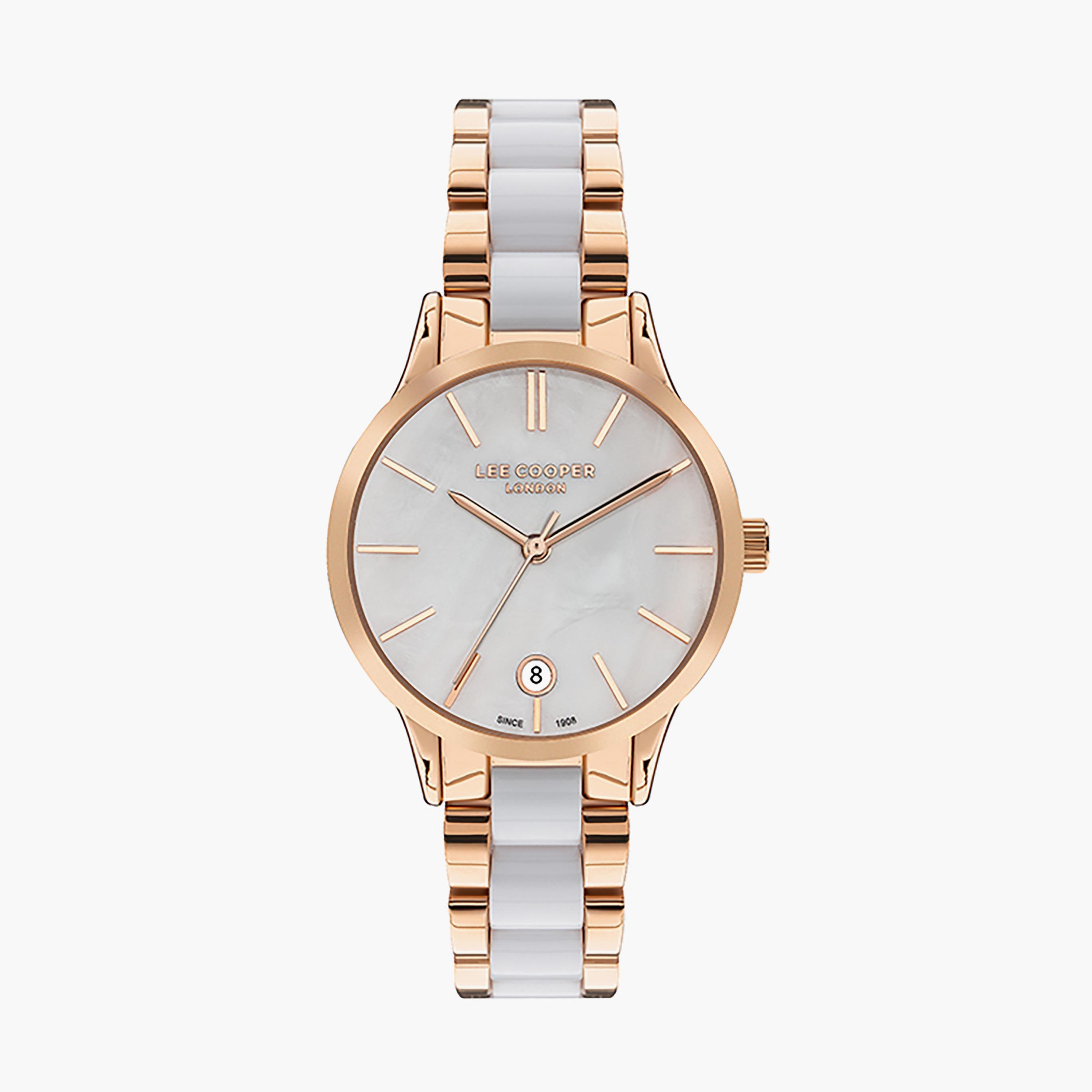  LC07458.420 | ساعة أنالوج ذهبية وبيضاء بسوار ستانلس ستيل من لي كوبر للنساء-women-watchesandjewellery-watches-image-1
