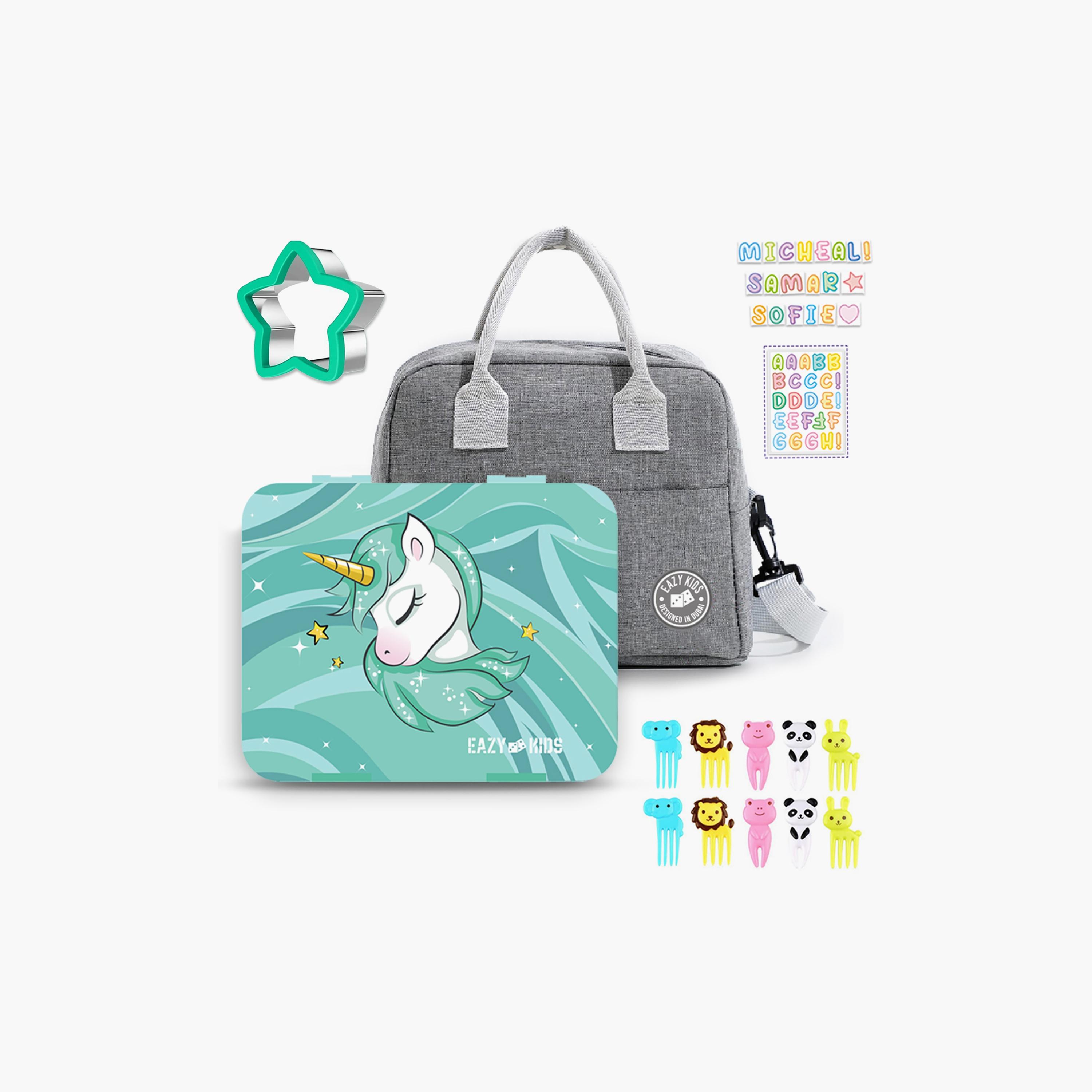 Eazy Kids Unicorn Bento Lunch Box with Lunch Bag, Grey-school-lunchessentials-sets-image-1