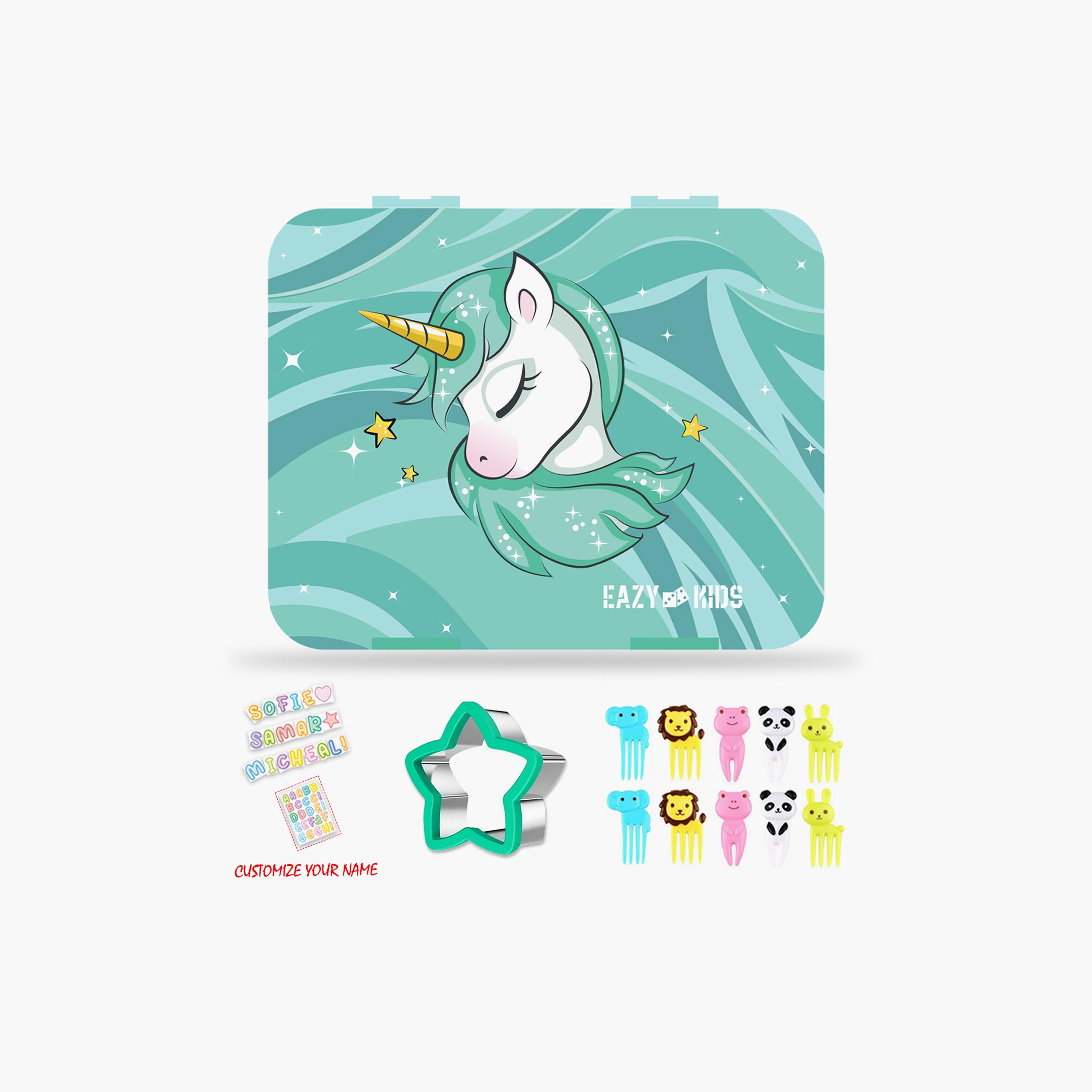 Eazy Kids Unicorn Bento Lunch Box with Lunch Bag, Grey-school-lunchessentials-sets-image-3