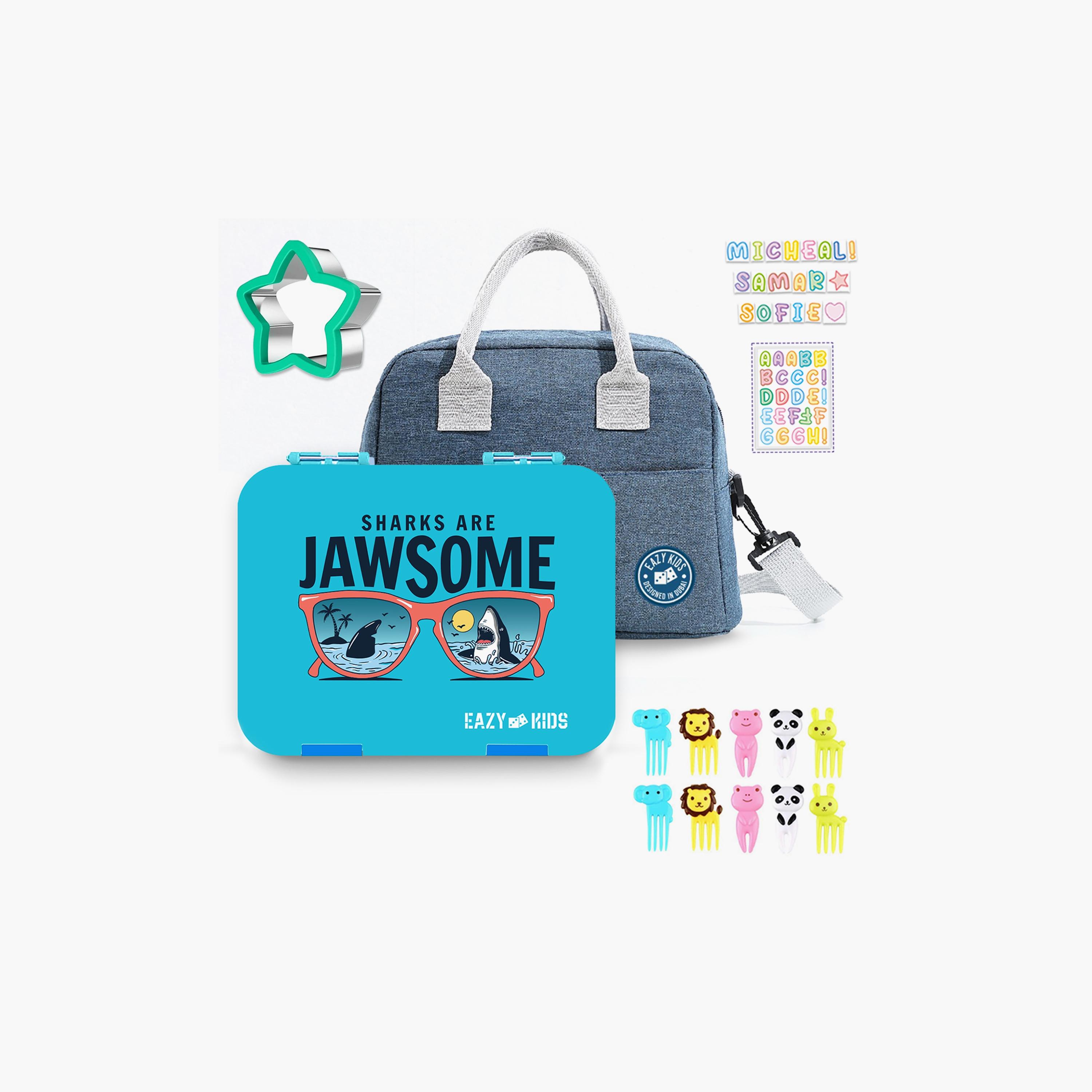 Eazy Kids Bento Lunch Box with Lunch Bag, Jawsome, Blue-school-lunchessentials-lunchboxes-image-1
