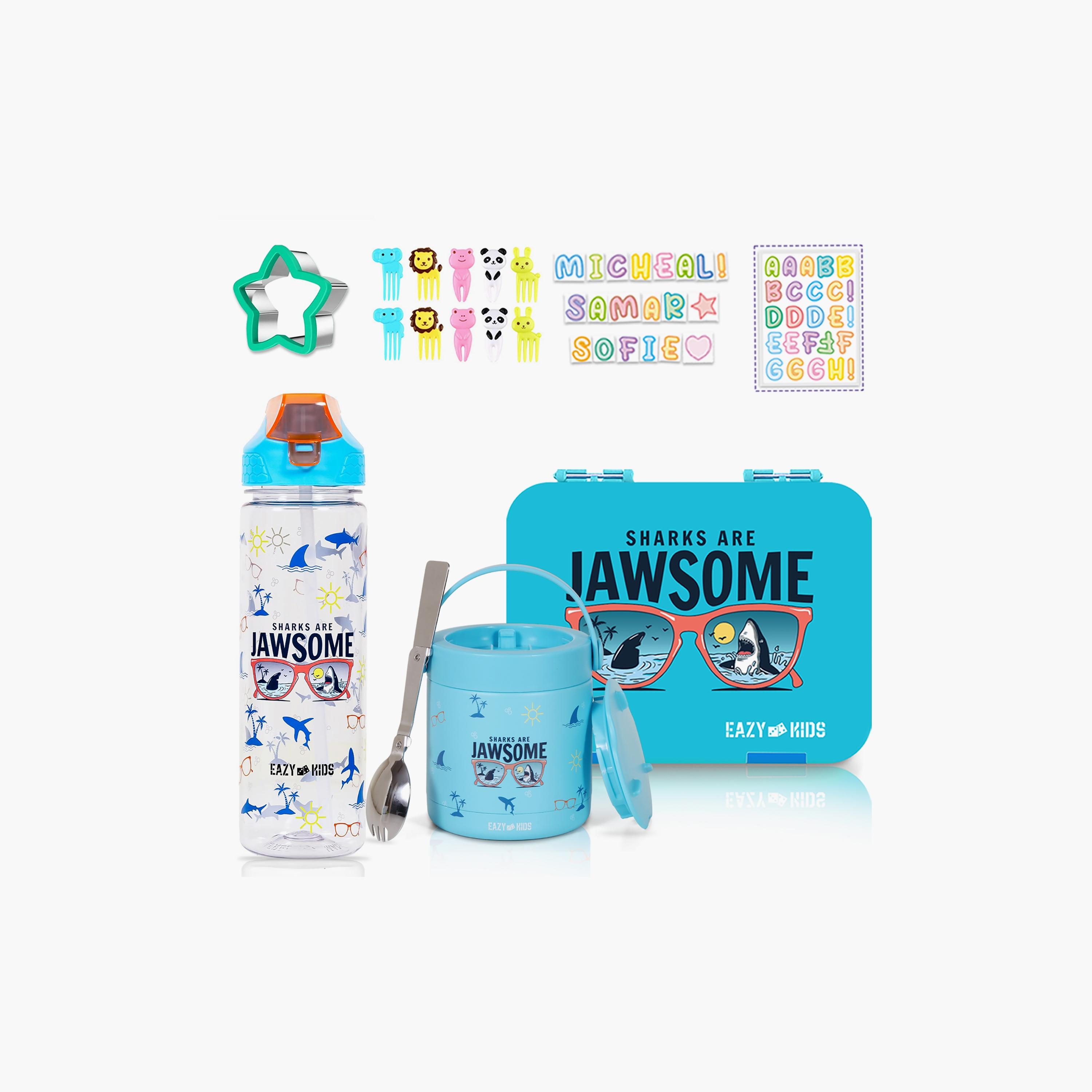 Eazy Kids Bento Lunch Box with 2In1 Tritan Water Bottle And Steel Food Jar, Jawsome, Blue-school-lunchessentials-lunchboxes-image-1