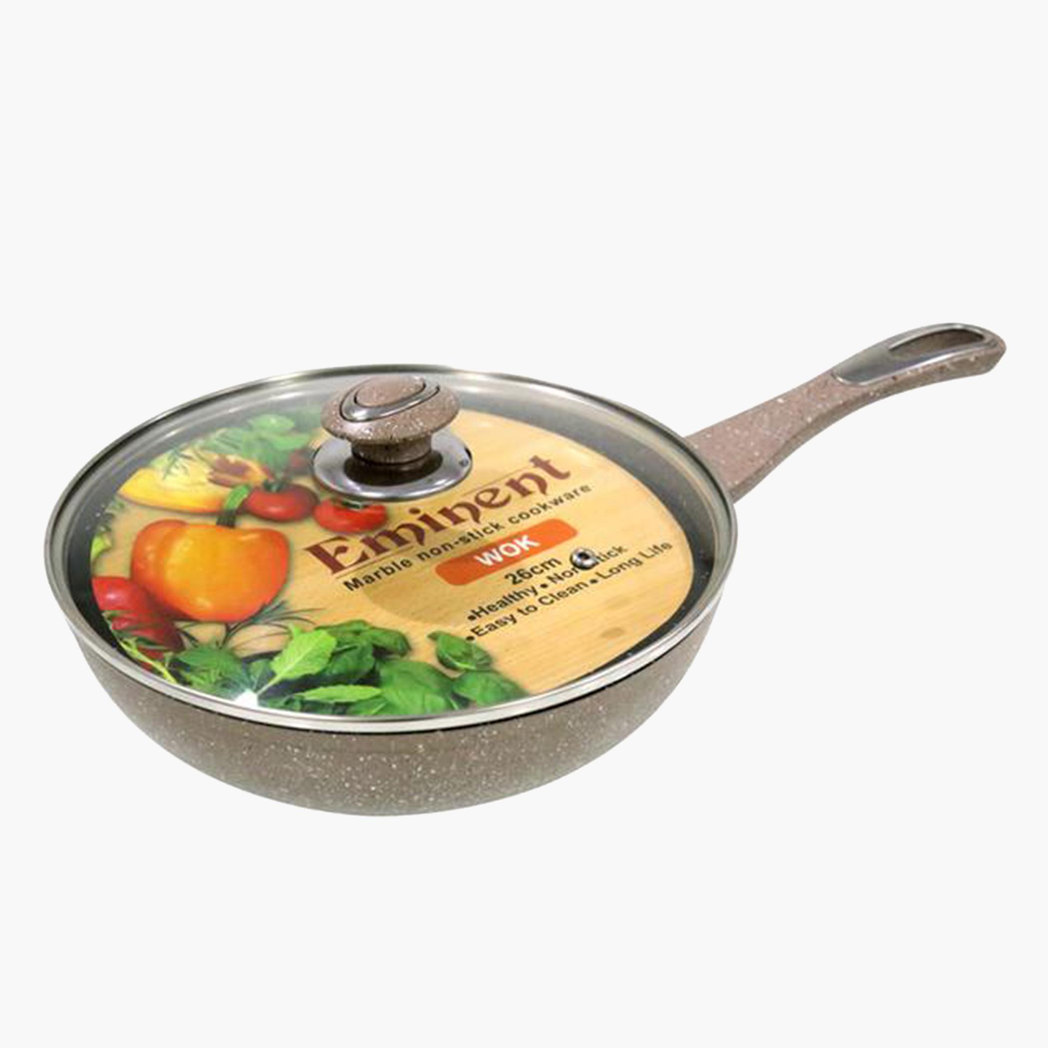 مقلاة بقاعدة حثية من الفولاذ الكربوني مع غطاء زجاجي  من إيميننت- 26x8 سم-hbxkitchen-cookware-image-1