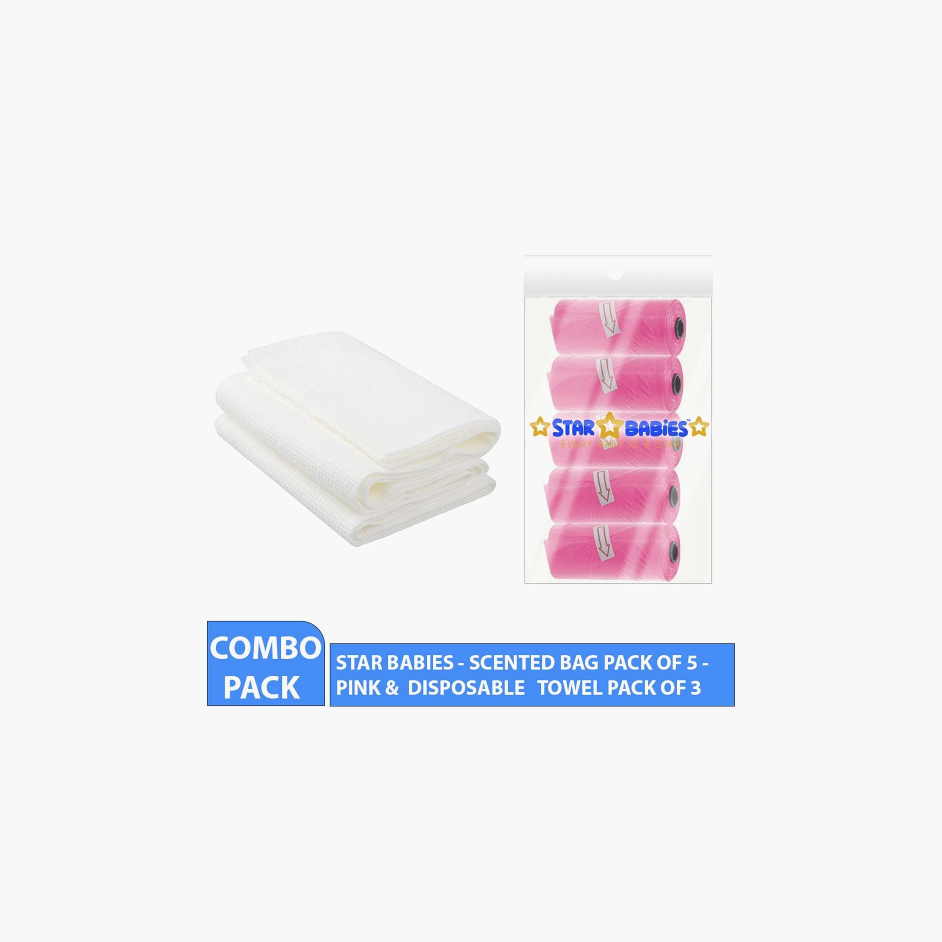 Star Babies Pack of 5 Scented Bags with 3-Piece Disposable Towel Bundle-baby-diapering-binsandrefills-image-2