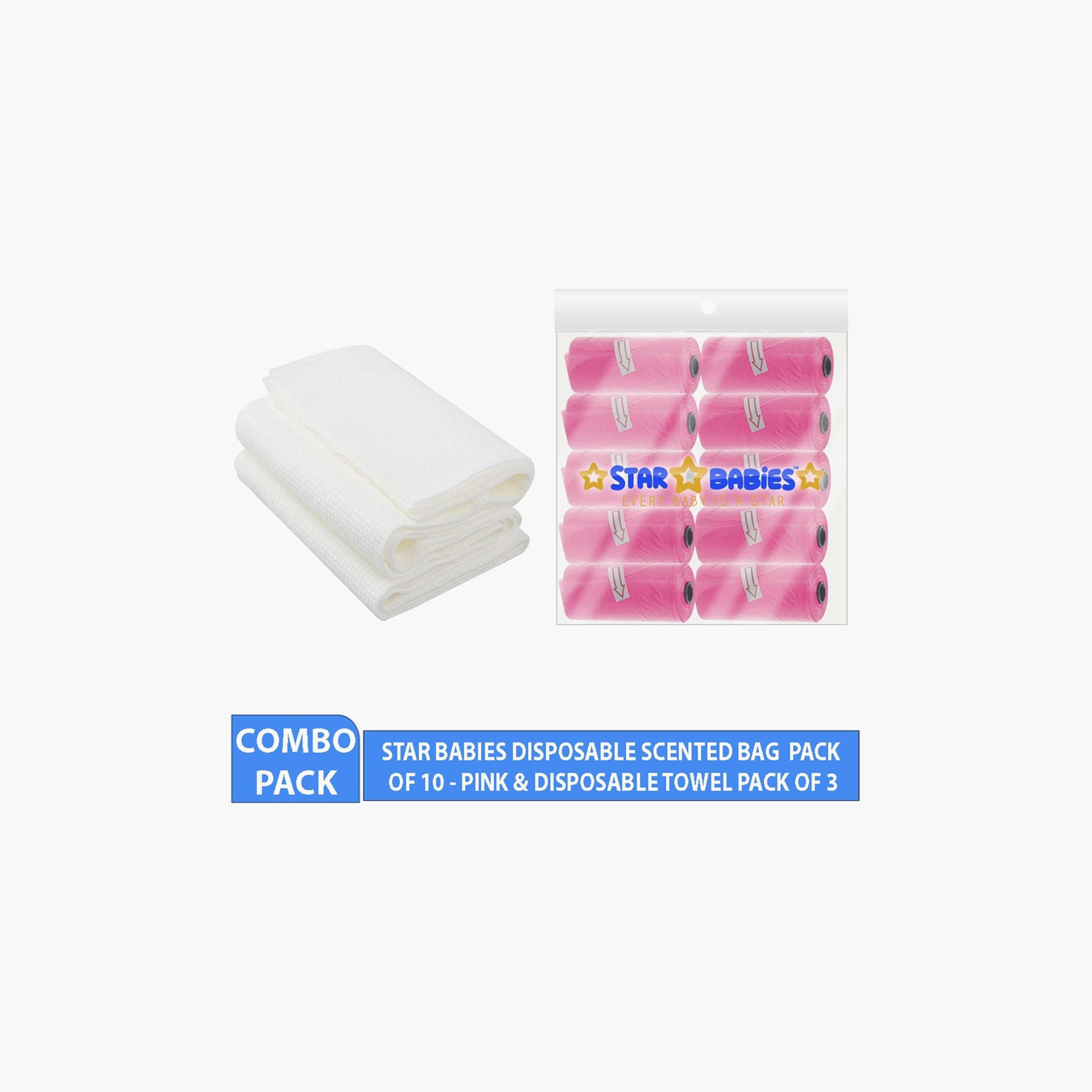 Star Babies Pack of 10 Scented Bags with 3-Piece Disposable Towel Bundle -baby-diapering-binsandrefills-image-2