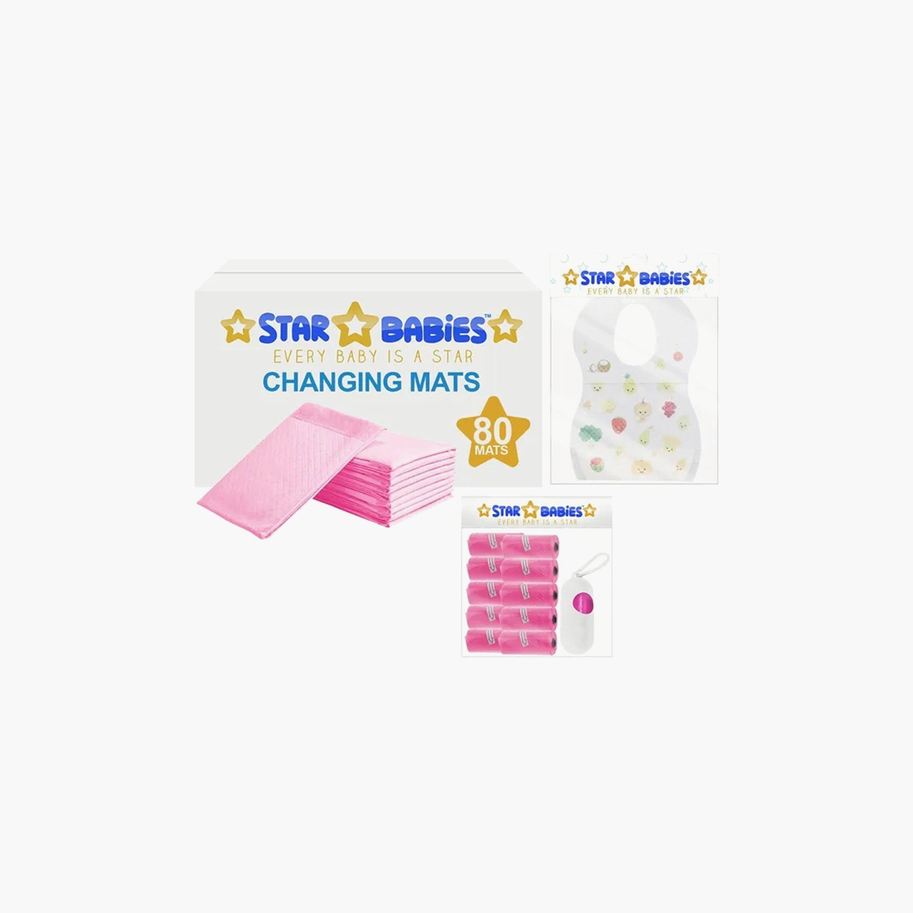 Star Babies 80-Piece Disposable Changing Mats, 70-Piece Disposable Bibs with Pack of 10 Scented Bags and Dispenser Bundle-baby-feeding-bibs-image-1