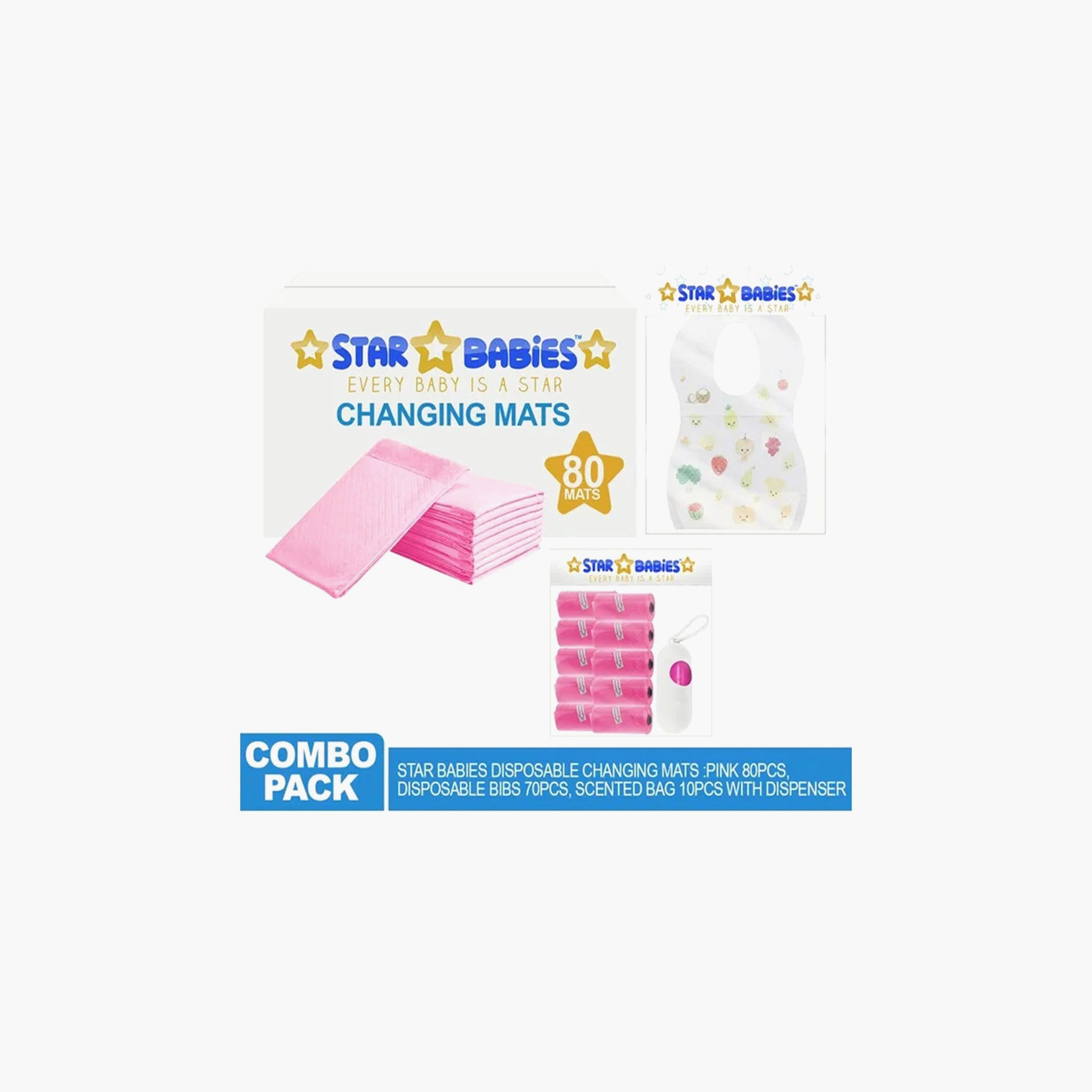 Star Babies 80-Piece Disposable Changing Mats, 70-Piece Disposable Bibs with Pack of 10 Scented Bags and Dispenser Bundle-baby-feeding-bibs-image-2
