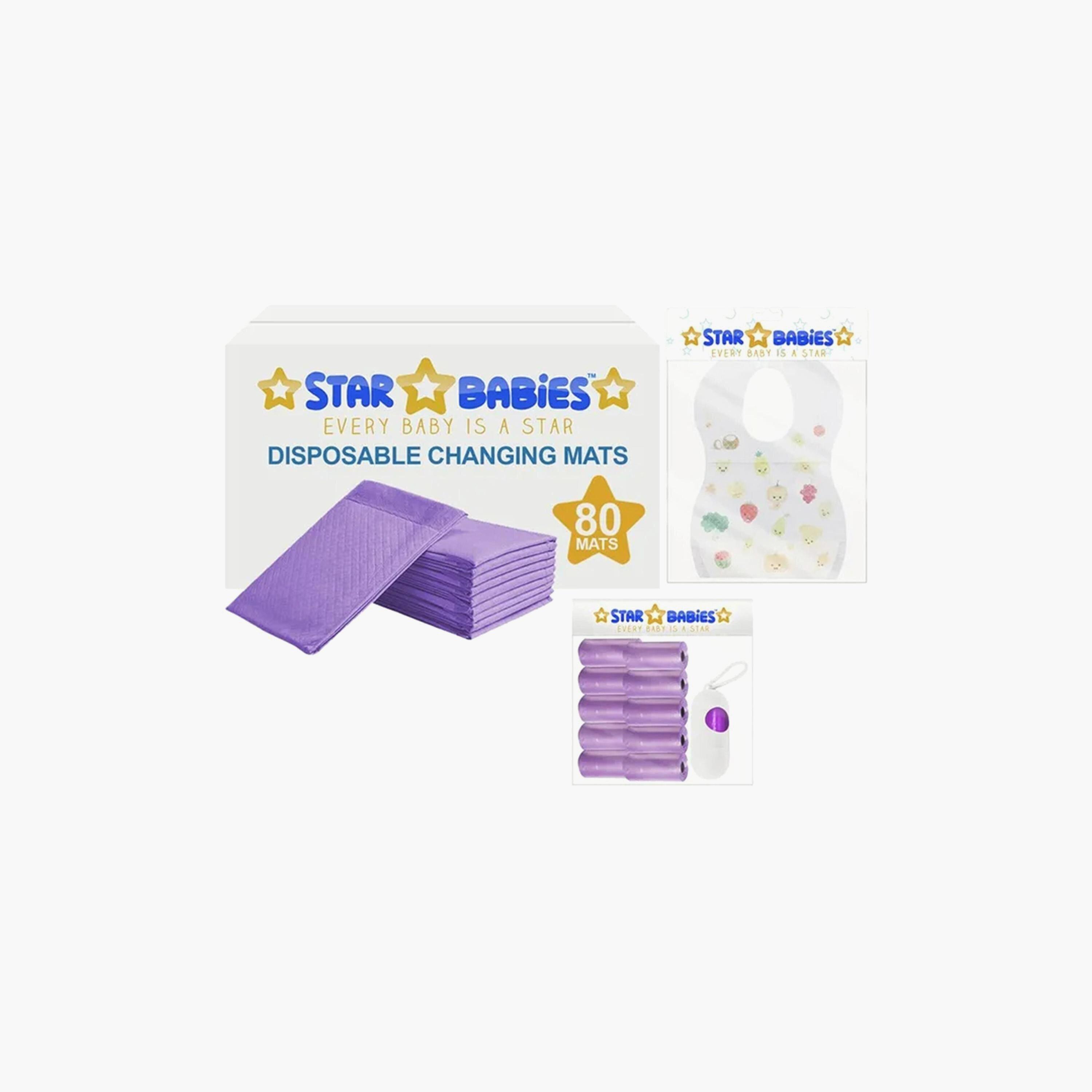 Star Babies 80-Piece Disposable Changing Mats, 70-Piece Disposable Bibs with Pack of 10 Scented Bags and Dispenser Bundle-baby-feeding-bibs-image-1