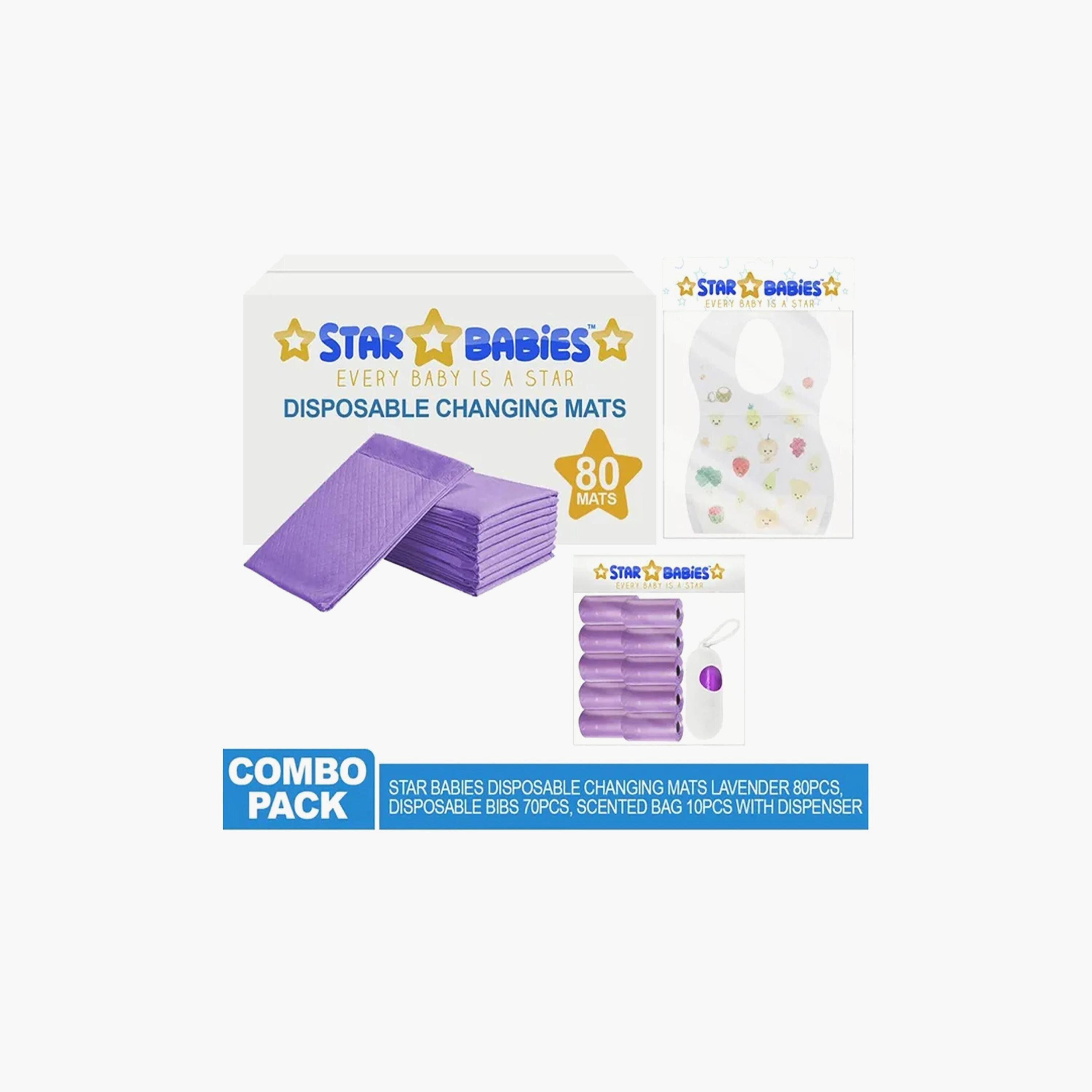 Star Babies 80-Piece Disposable Changing Mats, 70-Piece Disposable Bibs with Pack of 10 Scented Bags and Dispenser Bundle-baby-feeding-bibs-image-2