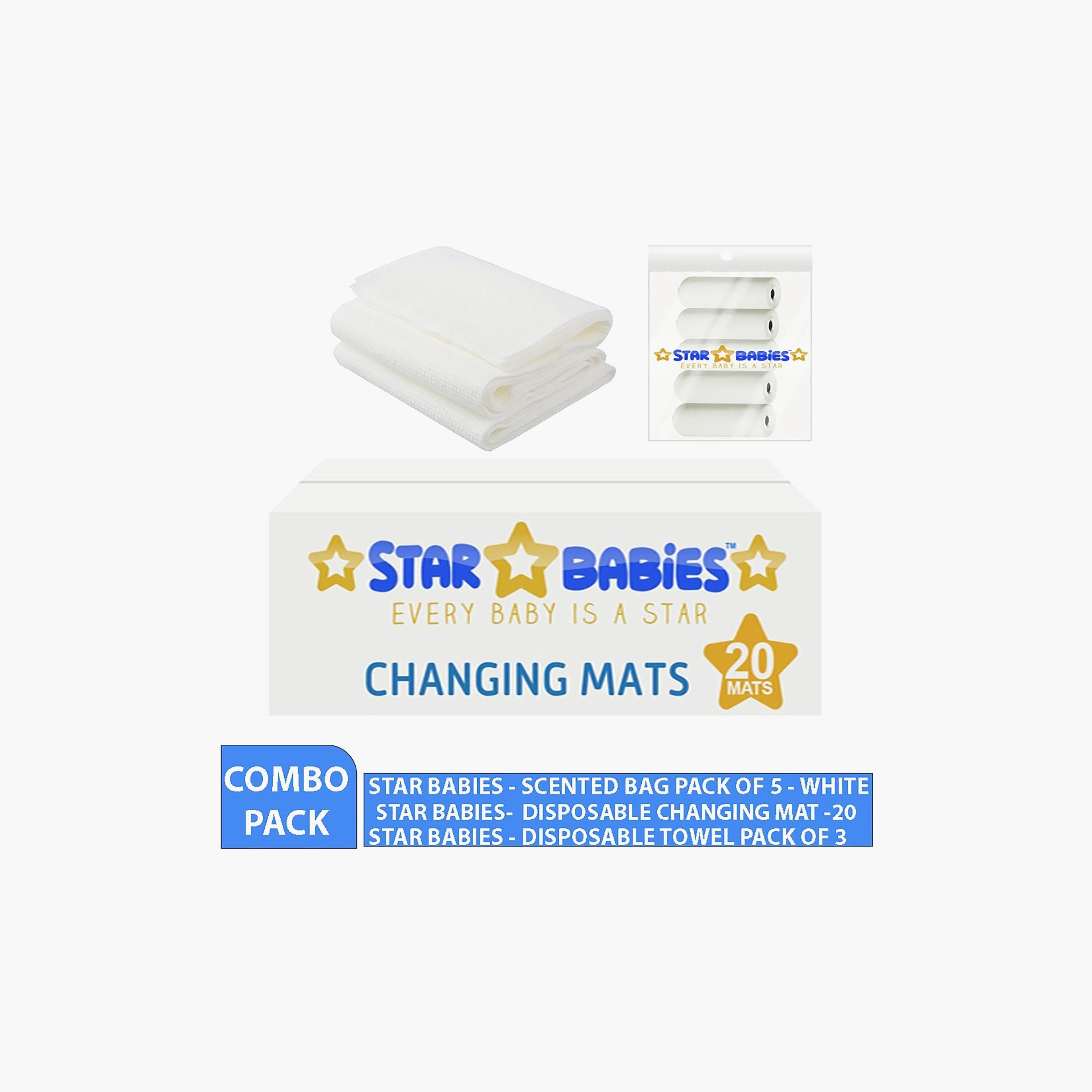 Star Babies Pack of 5 Scented Bag, 20-Piece Disposable Changing Mats with 3-Piece Disposable Towels Bundle-baby-bathandcare-towels-image-2