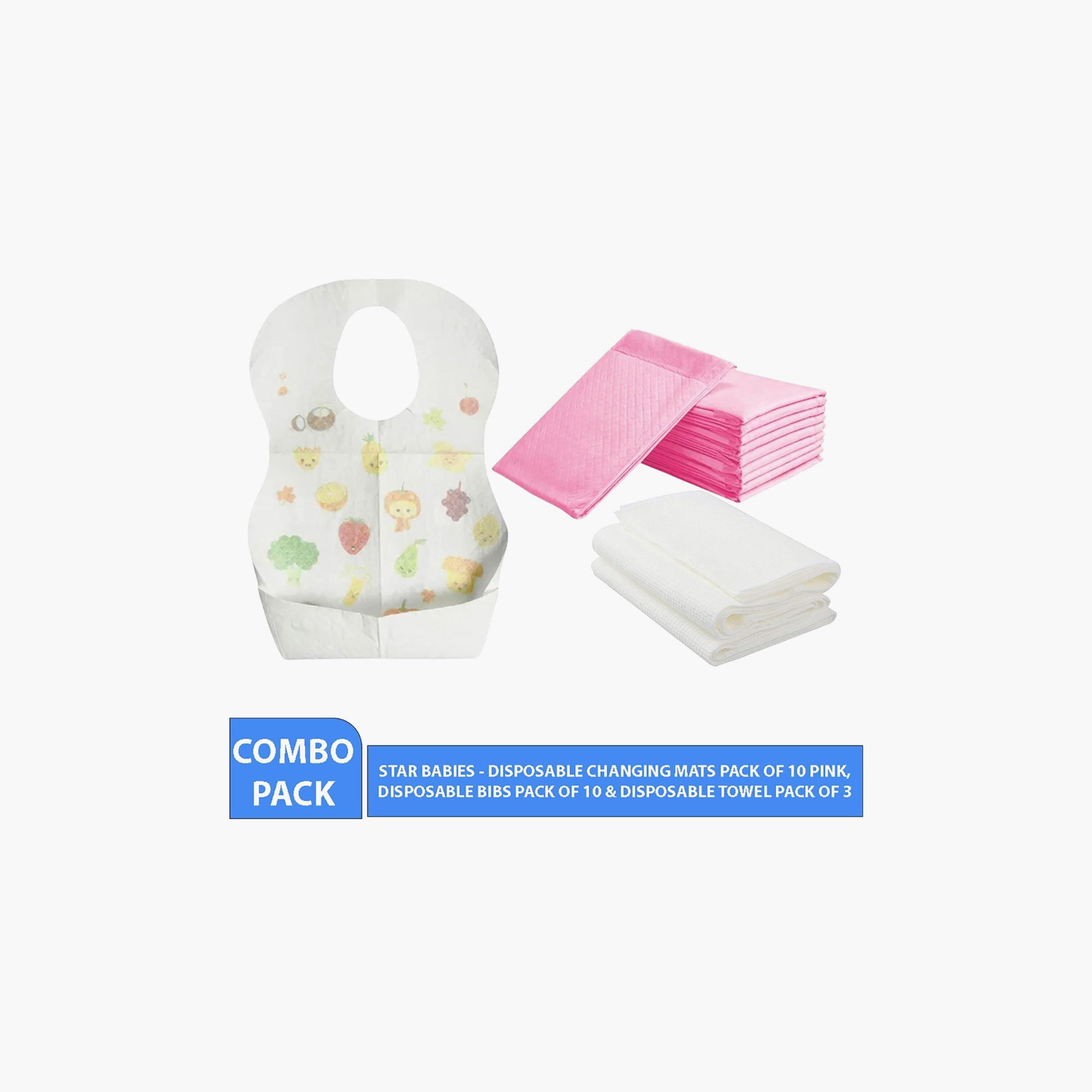 Star Babies 10-Piece Disposable Changing Mats, 3-Piece Disposable Towel with 10-Piece Disposable Bibs Bundle, Pink-baby-feeding-bibs-image-2
