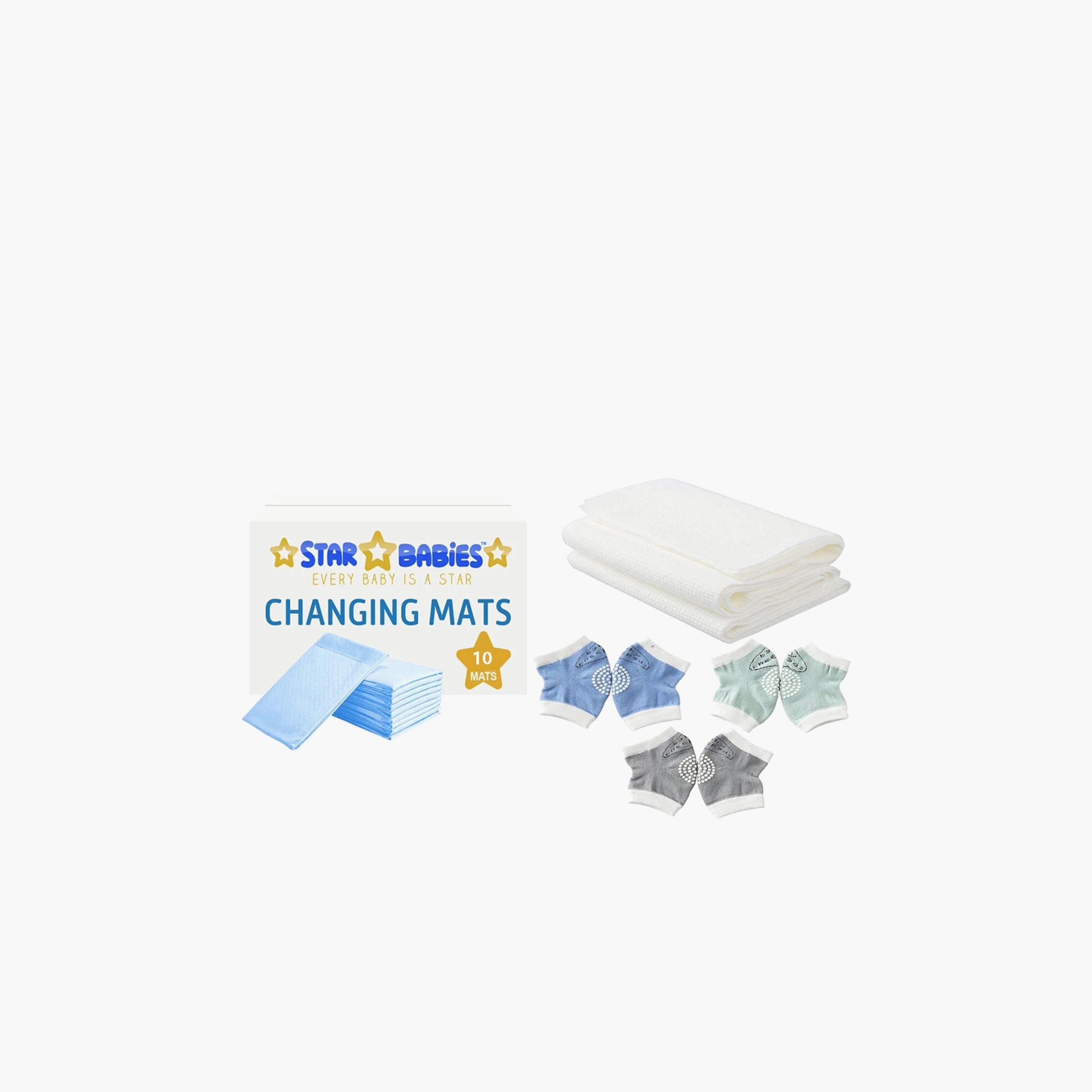 Star Babies 10-Piece Disposable Changing Mats, 3 Pairs of Crawling Kneepads with 3-Piece Disposable Bibs Bundle-baby-diapering-changingmats-image-1