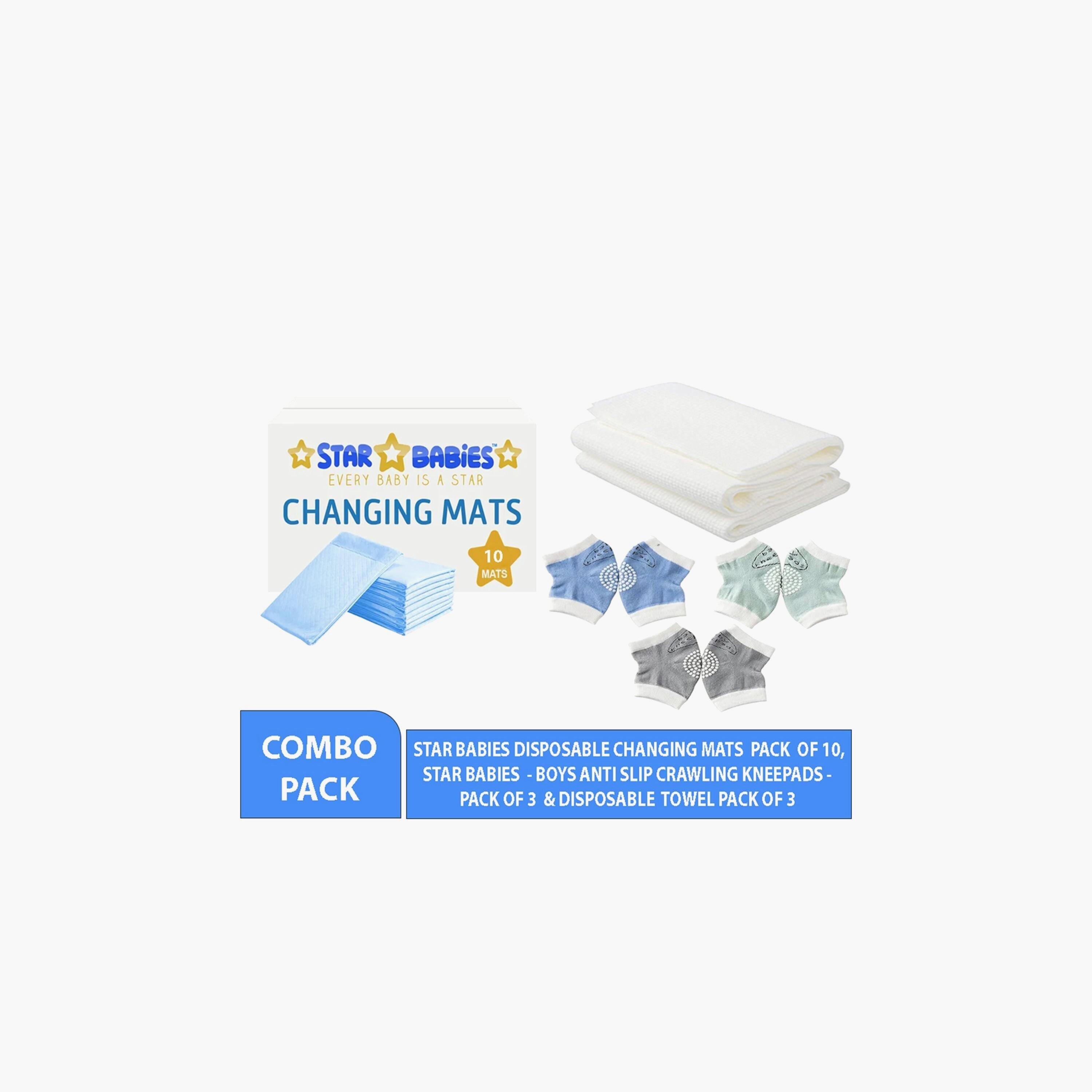 Star Babies 10-Piece Disposable Changing Mats, 3 Pairs of Crawling Kneepads with 3-Piece Disposable Bibs Bundle-baby-diapering-changingmats-image-2