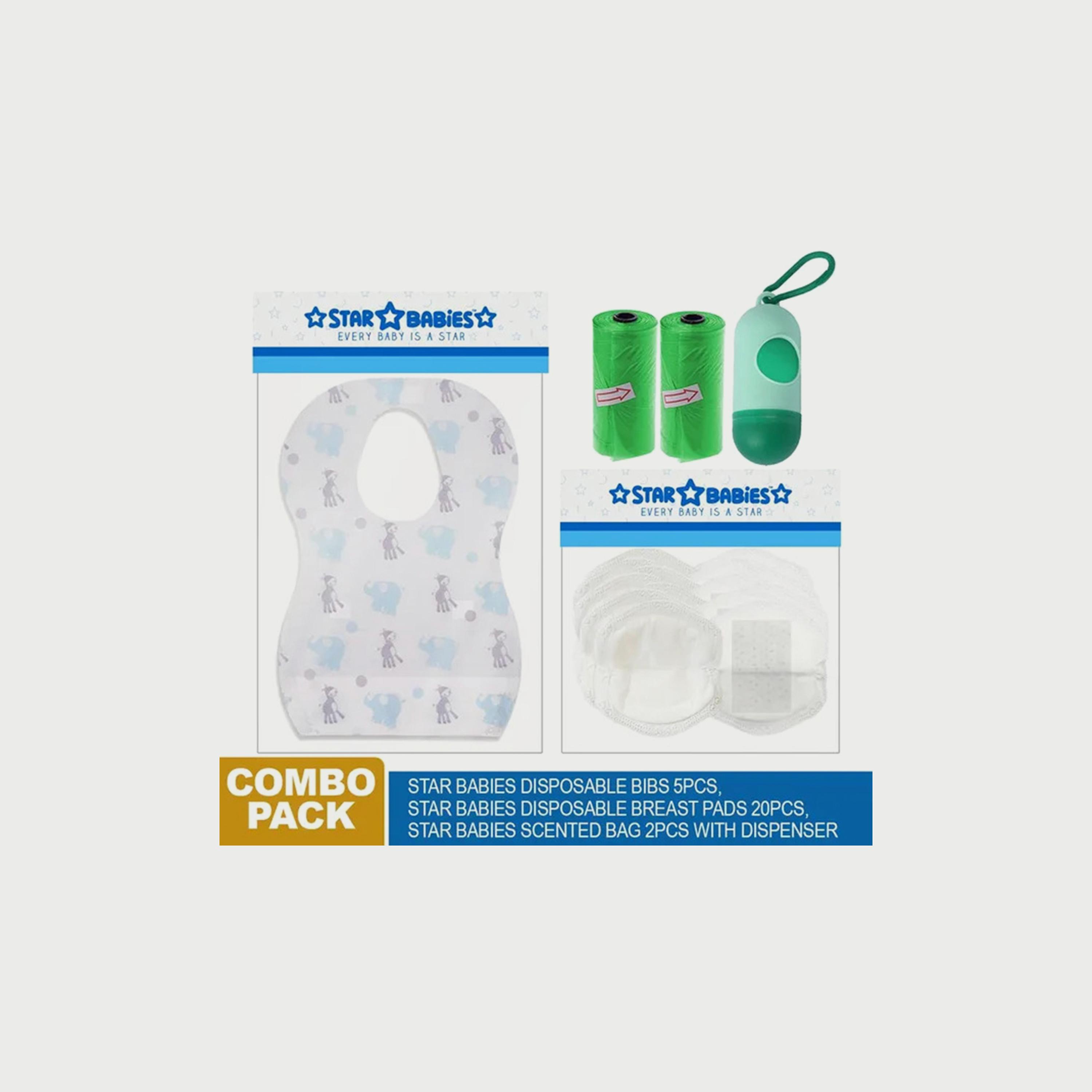 Star Babies 20-Piece Disposable Breast Pads, 5-Piece Disposable Bibs, Pack of 2 Scented Bags with Dispenser Bundle-baby-feeding-bibs-image-1