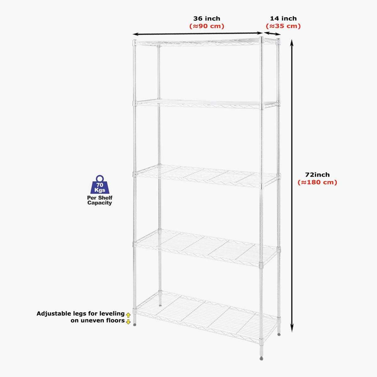 CamelTough 5-Shelf Adjustable Wire Storage Rack - 90x35x180 cm