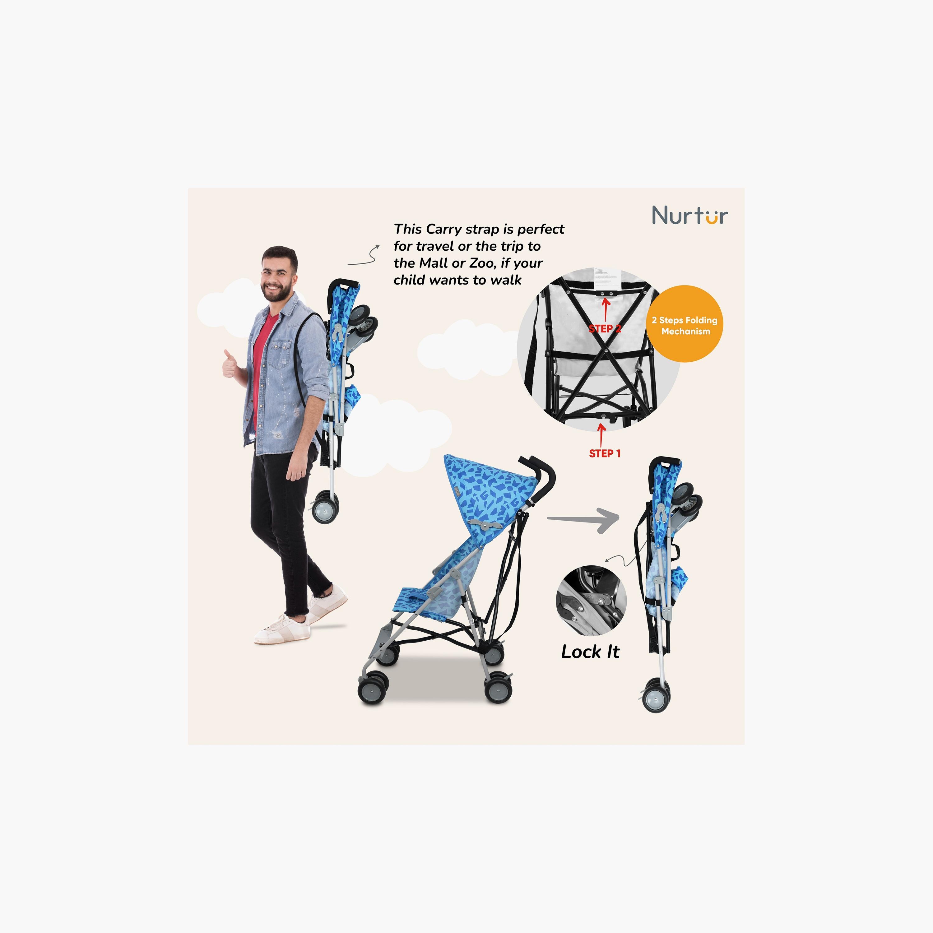 Nurtur Rex Buggy Lightweight Stroller with Compact Fold Canopy, Light Blue-baby-gear-strollersandprams-strollers-image-5
